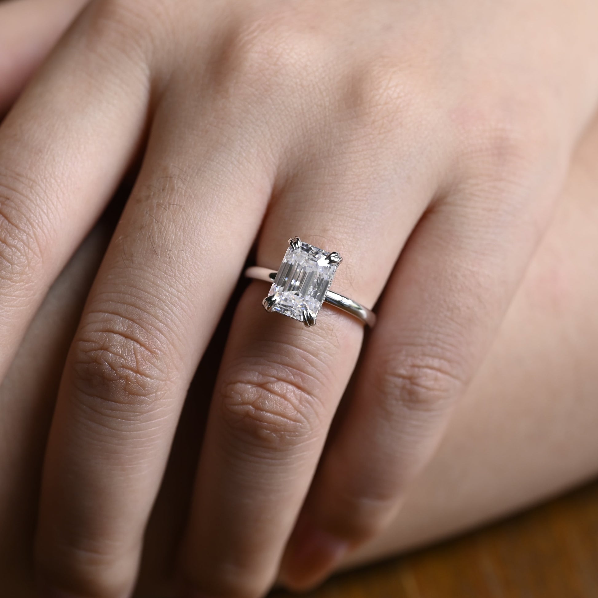 Solid Gold Hidden Halo Emerald Cut Moissanite Engagement Ring
