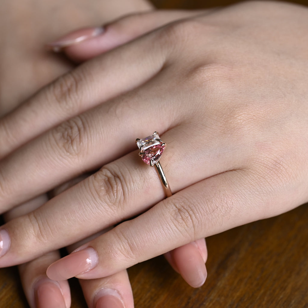 Solid Gold Toi et Moi Emerald Cut Moissanite & Pear Cut Pink Sapphire Engagement Ring