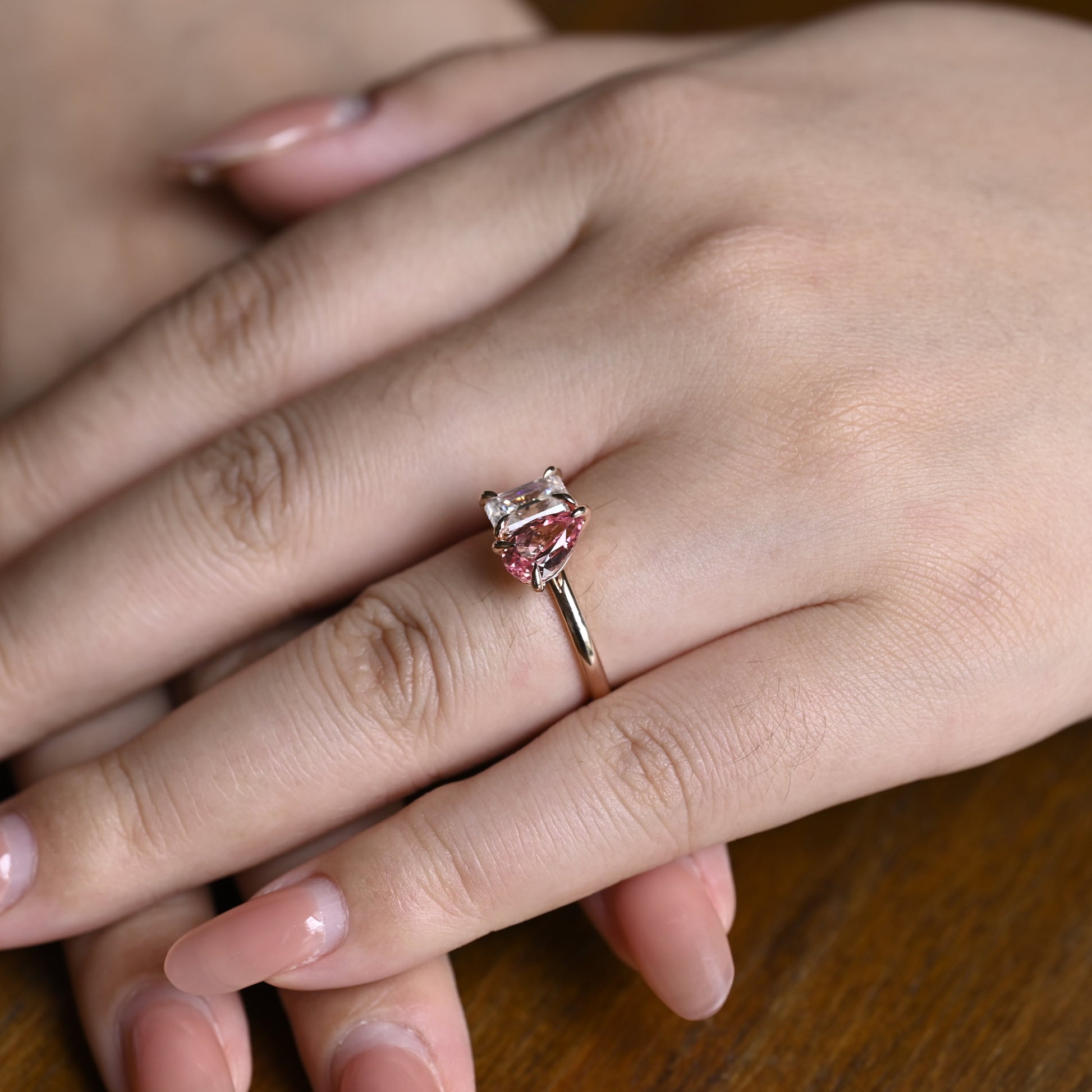 Solid Gold Toi et Moi Emerald Cut Moissanite & Pear Cut Pink Sapphire Engagement Ring