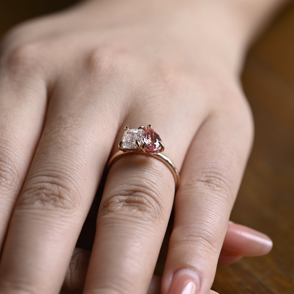 Solid Gold Toi et Moi Emerald Cut Moissanite & Pear Cut Pink Sapphire Engagement Ring