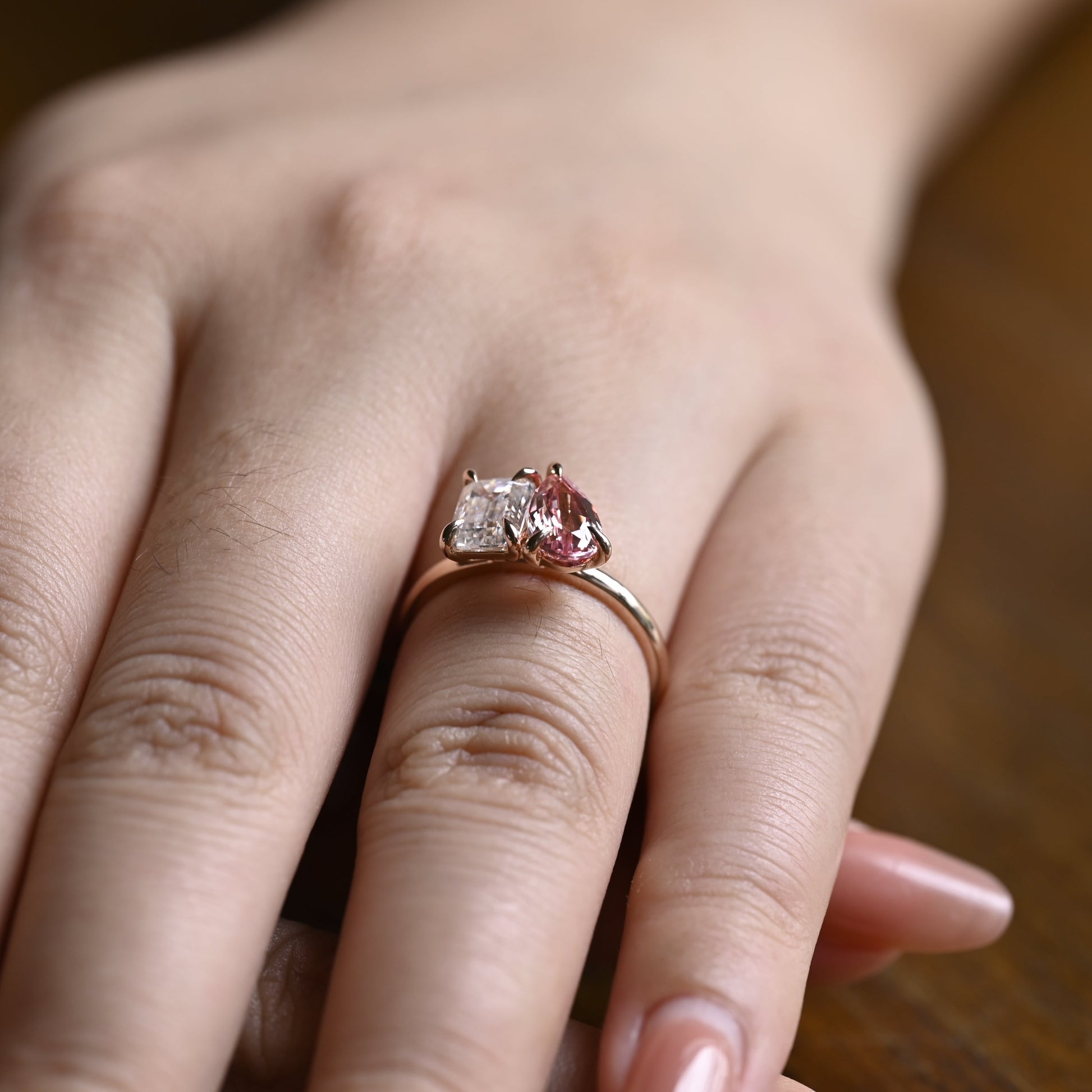 Solid Gold Toi et Moi Emerald Cut Moissanite & Pear Cut Pink Sapphire Engagement Ring