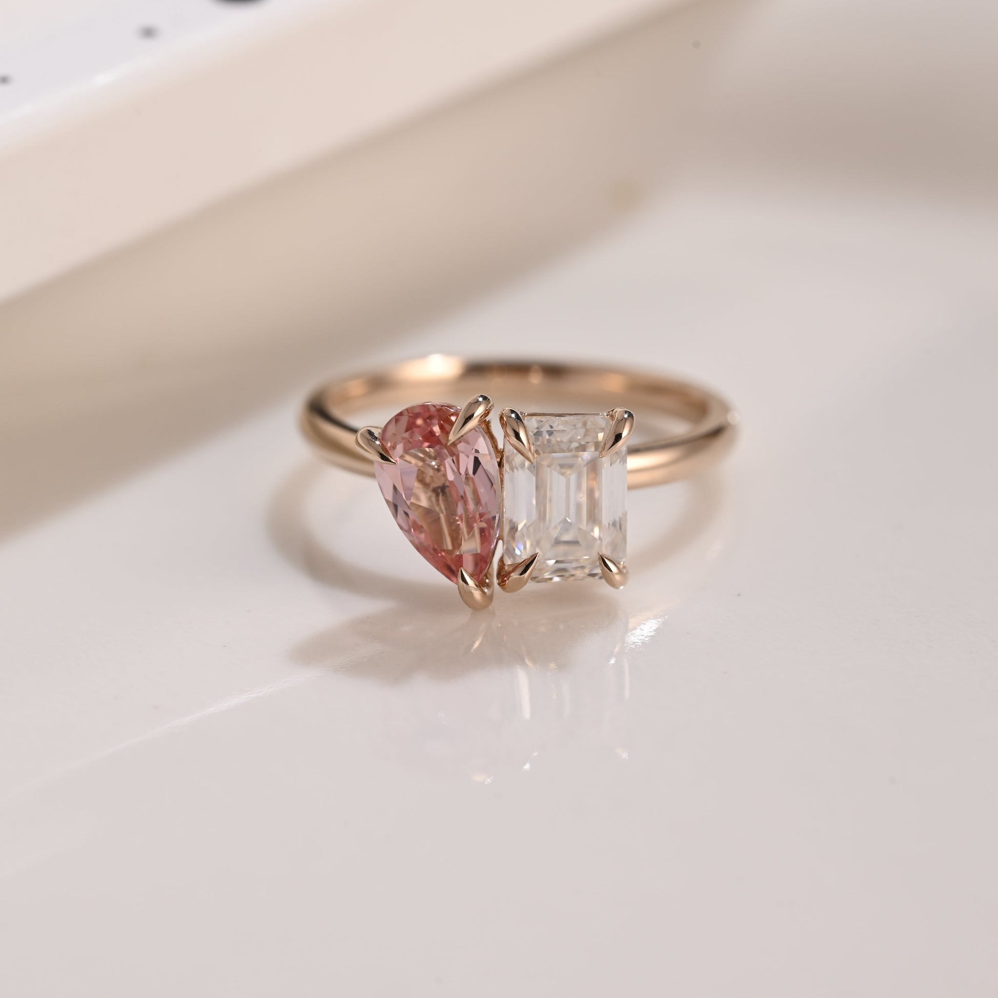 Solid Gold Toi et Moi Emerald Cut Moissanite & Pear Cut Pink Sapphire Engagement Ring