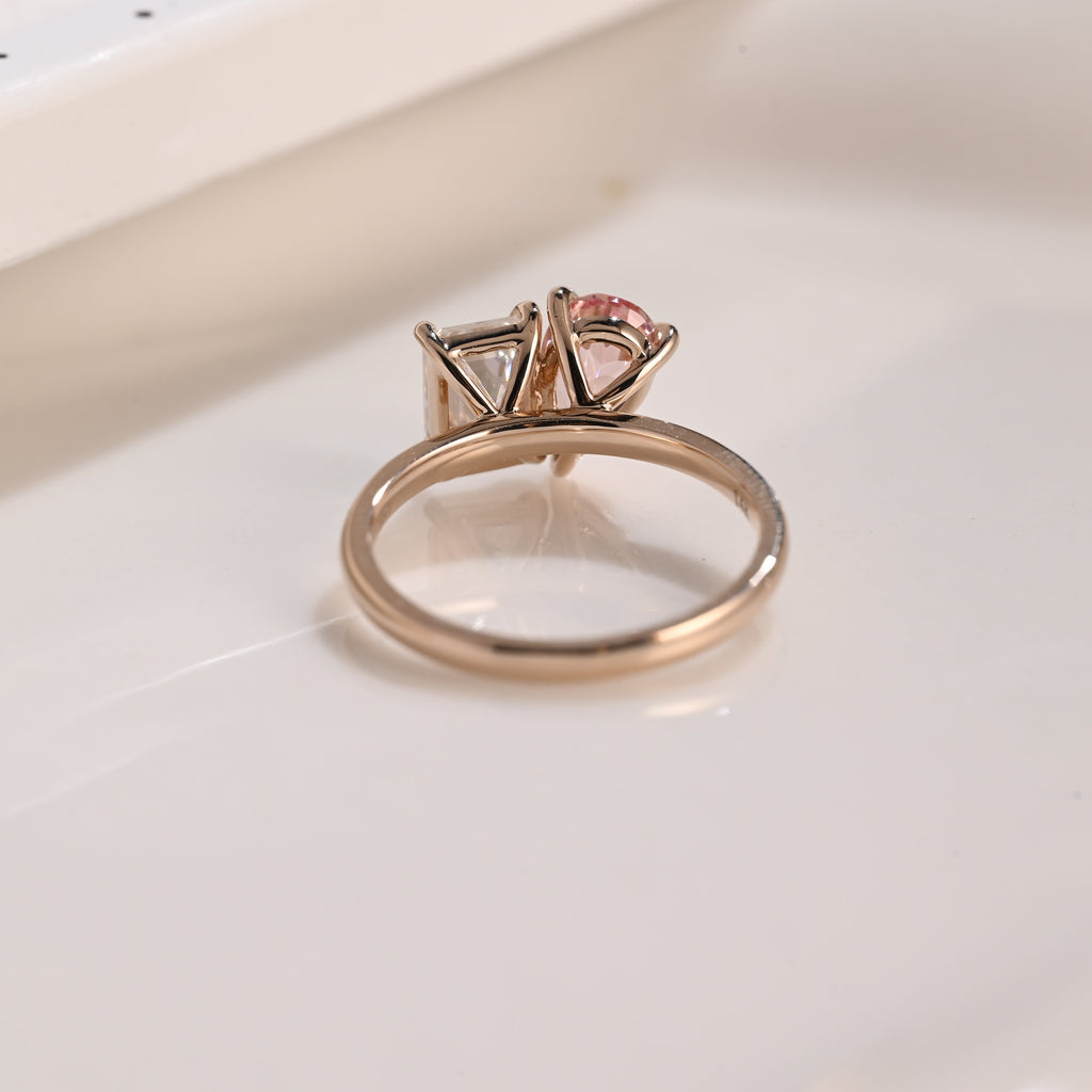 Solid Gold Toi et Moi Emerald Cut Moissanite & Pear Cut Pink Sapphire Engagement Ring