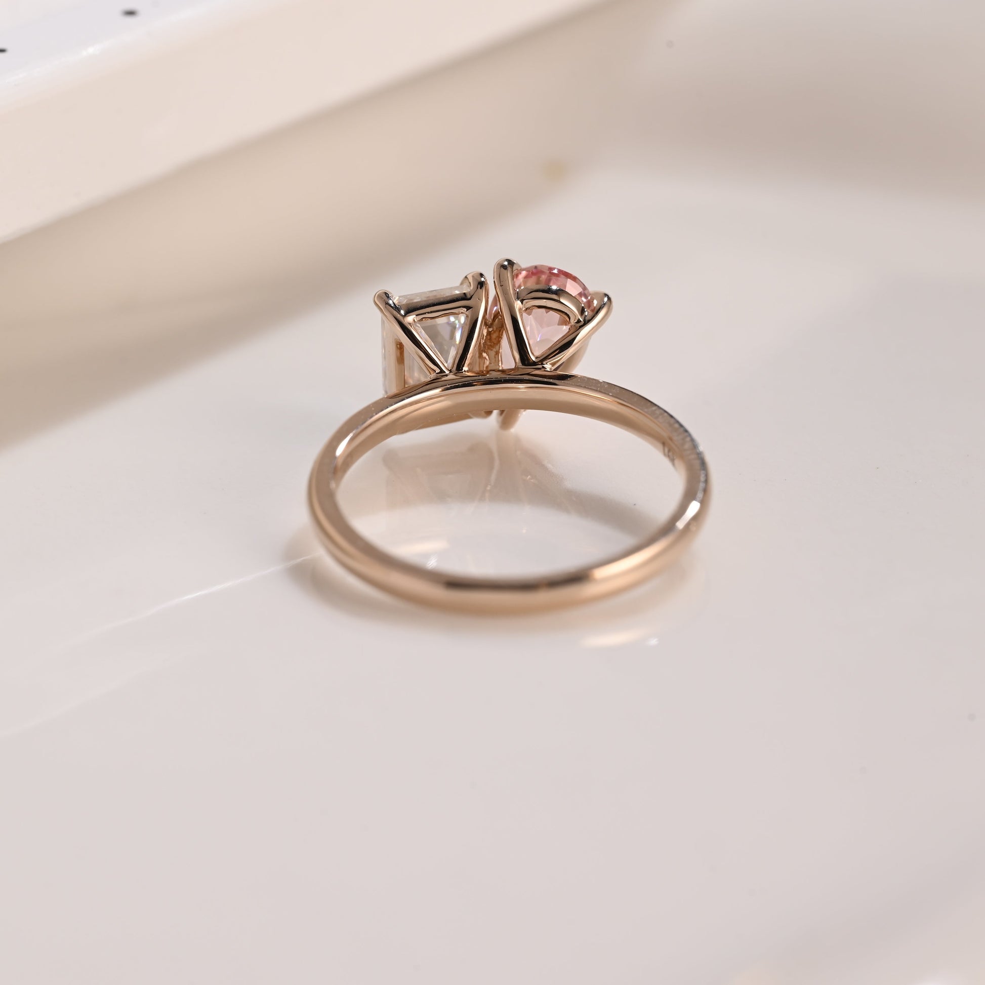 Solid Gold Toi et Moi Emerald Cut Moissanite & Pear Cut Pink Sapphire Engagement Ring