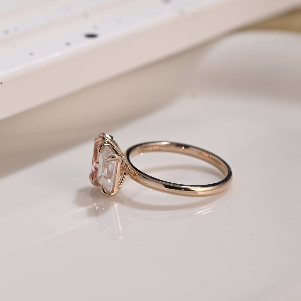 Solid Gold Toi et Moi Emerald Cut Moissanite & Pear Cut Pink Sapphire Engagement Ring