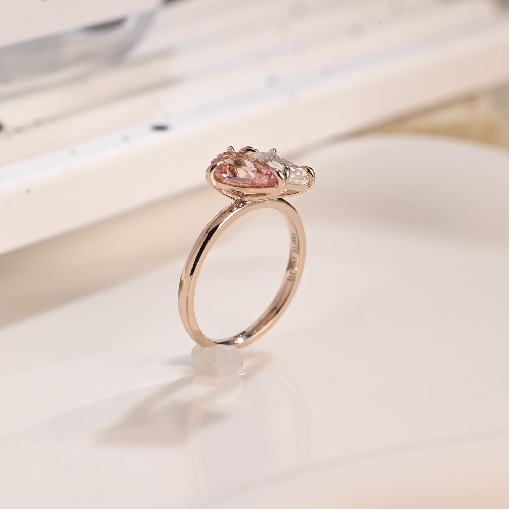 Solid Gold Toi et Moi Emerald Cut Moissanite & Pear Cut Pink Sapphire Engagement Ring
