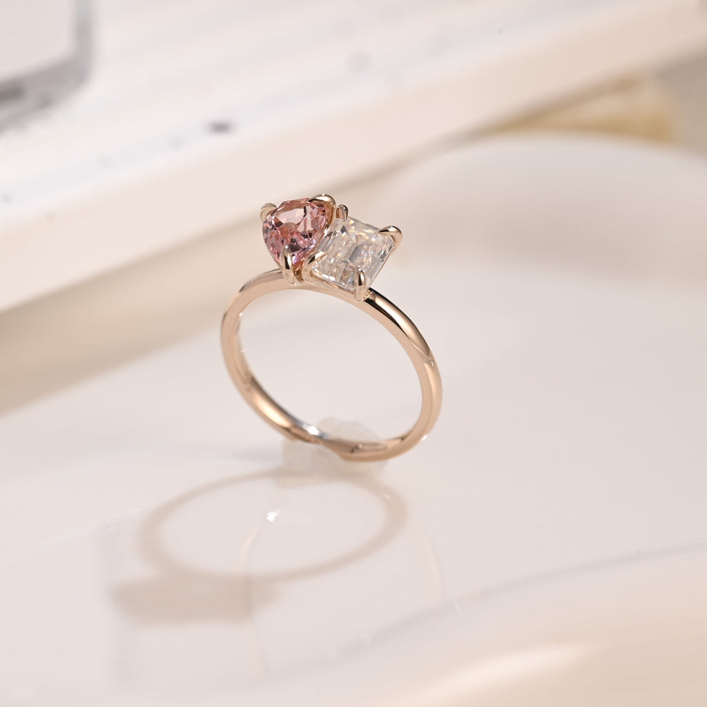 Solid Gold Toi et Moi Emerald Cut Moissanite & Pear Cut Pink Sapphire Engagement Ring