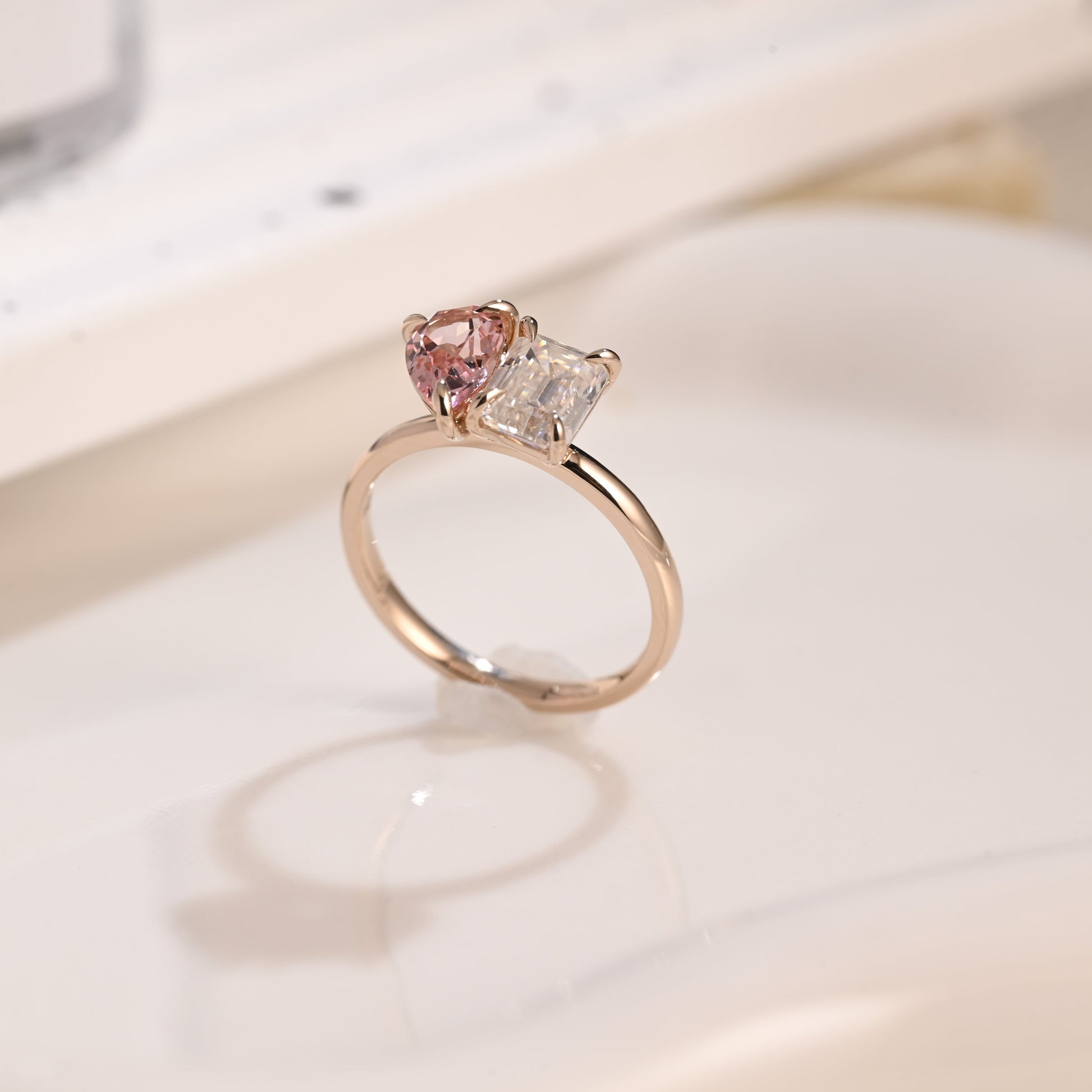 Solid Gold Toi et Moi Emerald Cut Moissanite & Pear Cut Pink Sapphire Engagement Ring