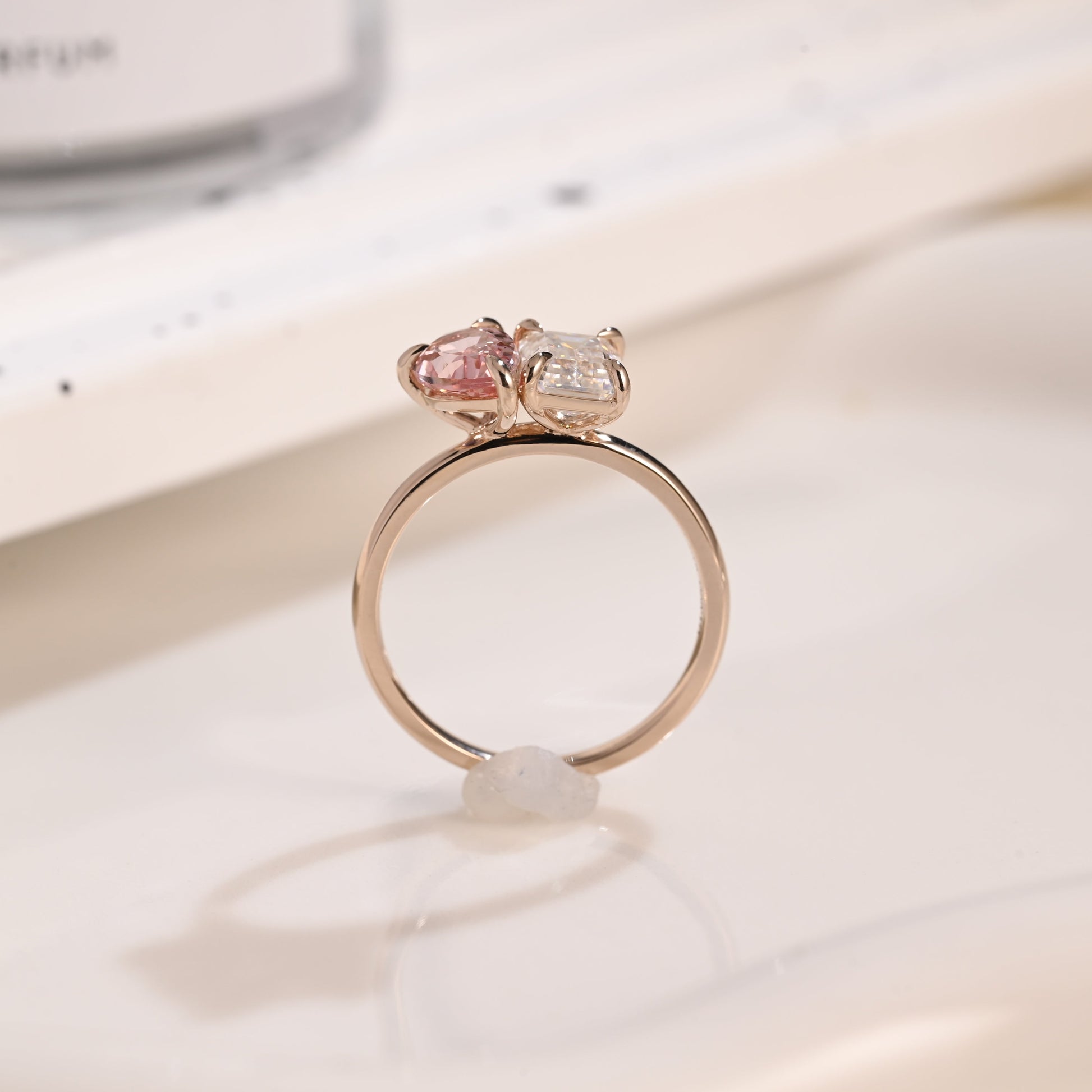 Solid Gold Toi et Moi Emerald Cut Moissanite & Pear Cut Pink Sapphire Engagement Ring