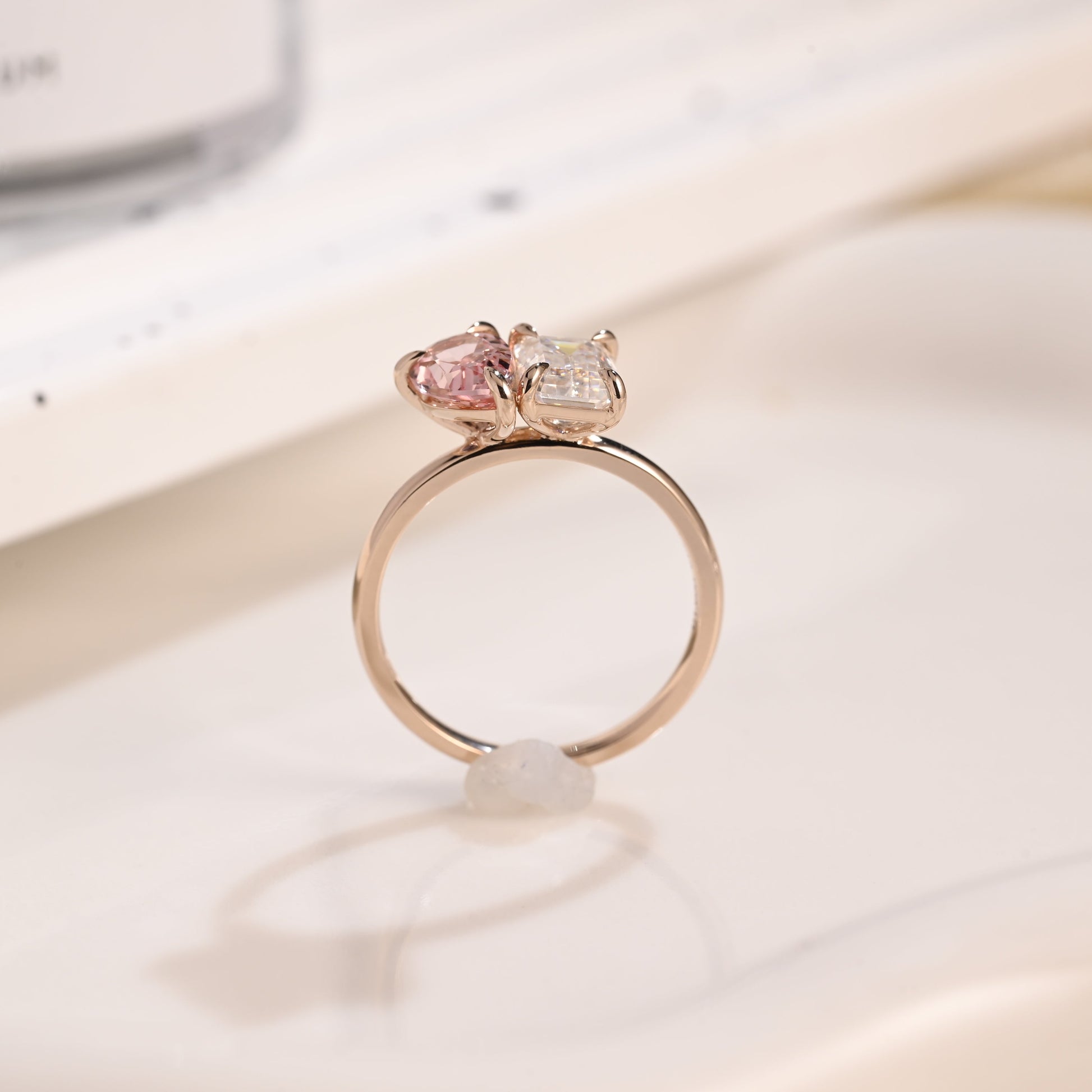 Solid Gold Toi et Moi Emerald Cut Moissanite & Pear Cut Pink Sapphire Engagement Ring