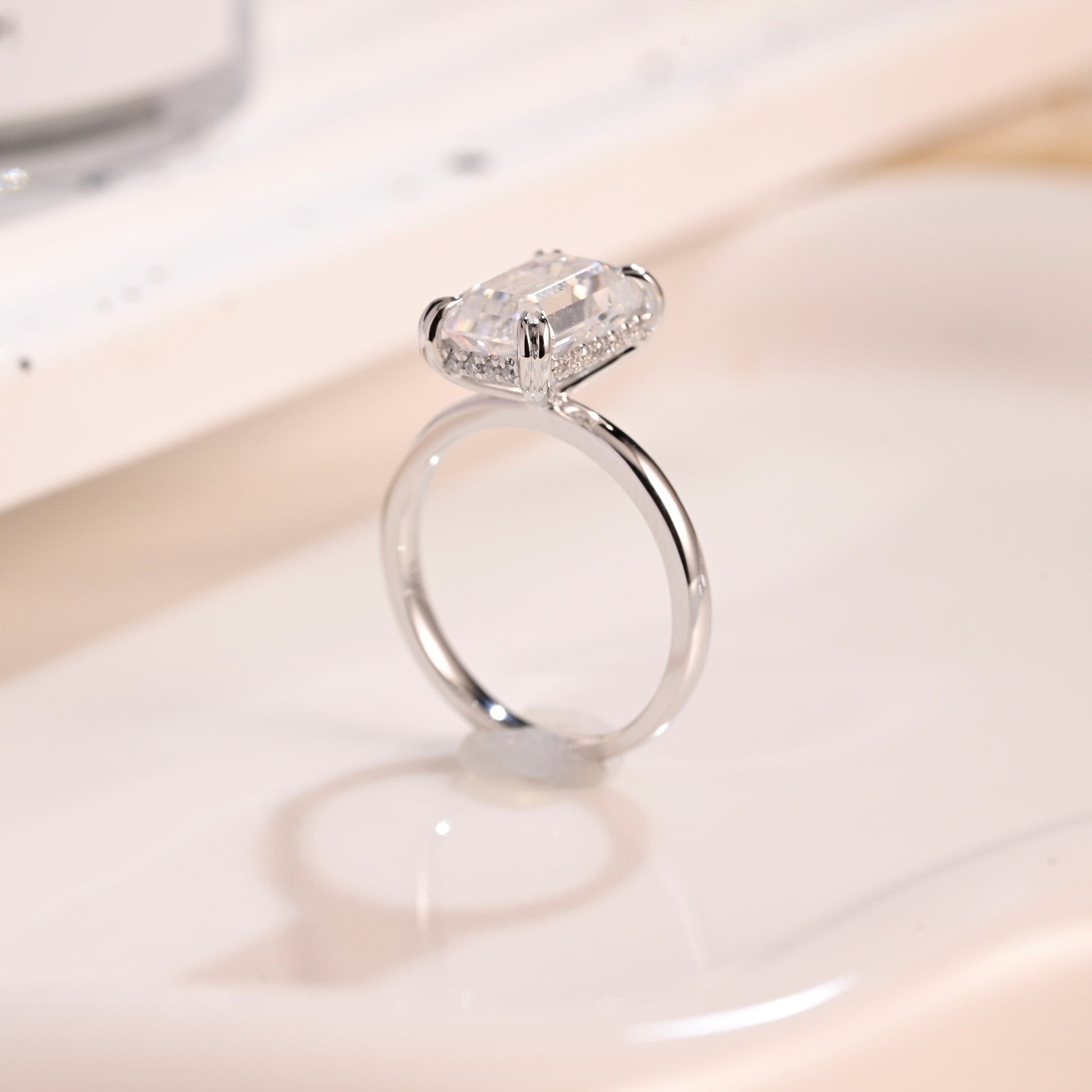 Solid Gold Hidden Halo Emerald Cut Moissanite Engagement Ring
