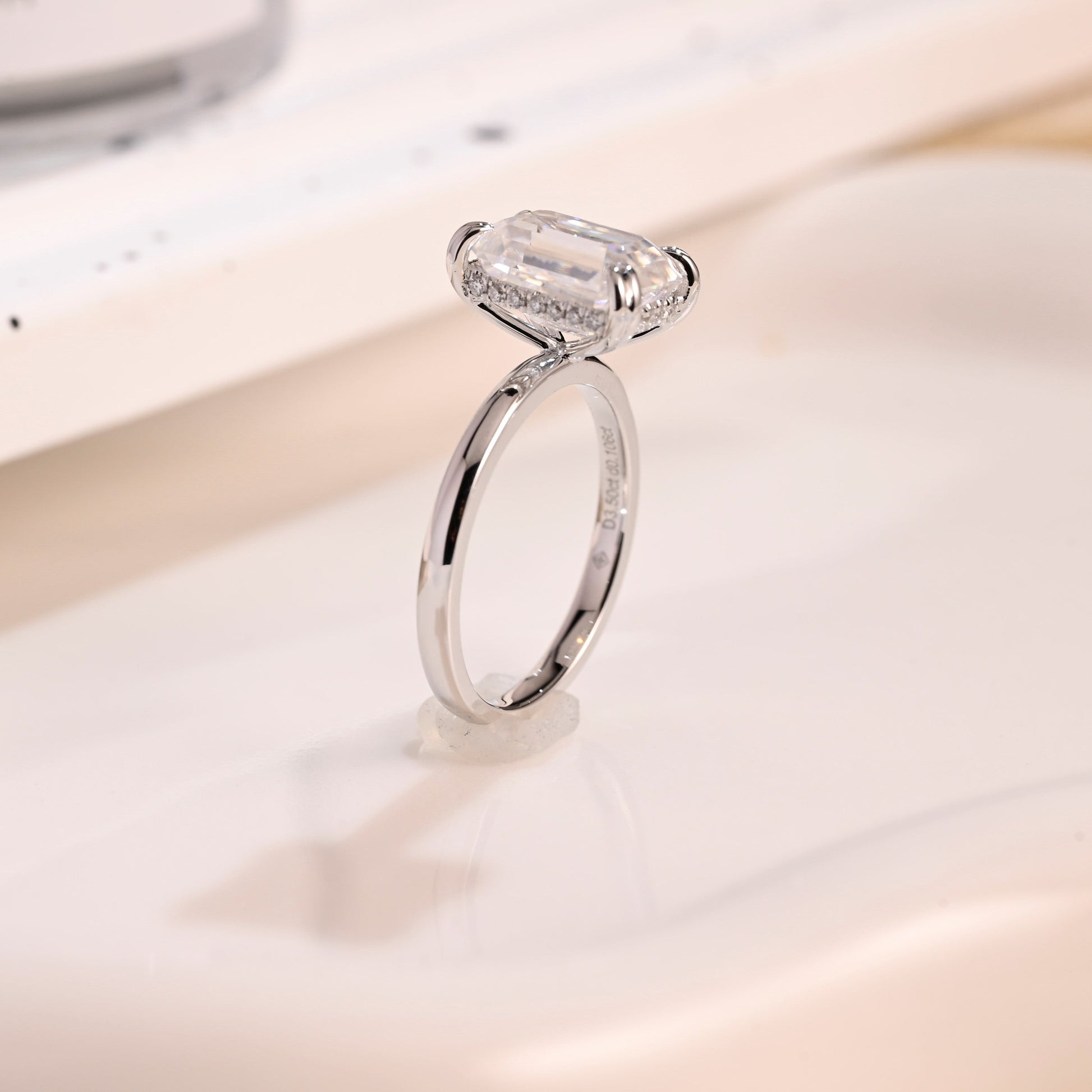 Solid Gold Hidden Halo Emerald Cut Moissanite Engagement Ring