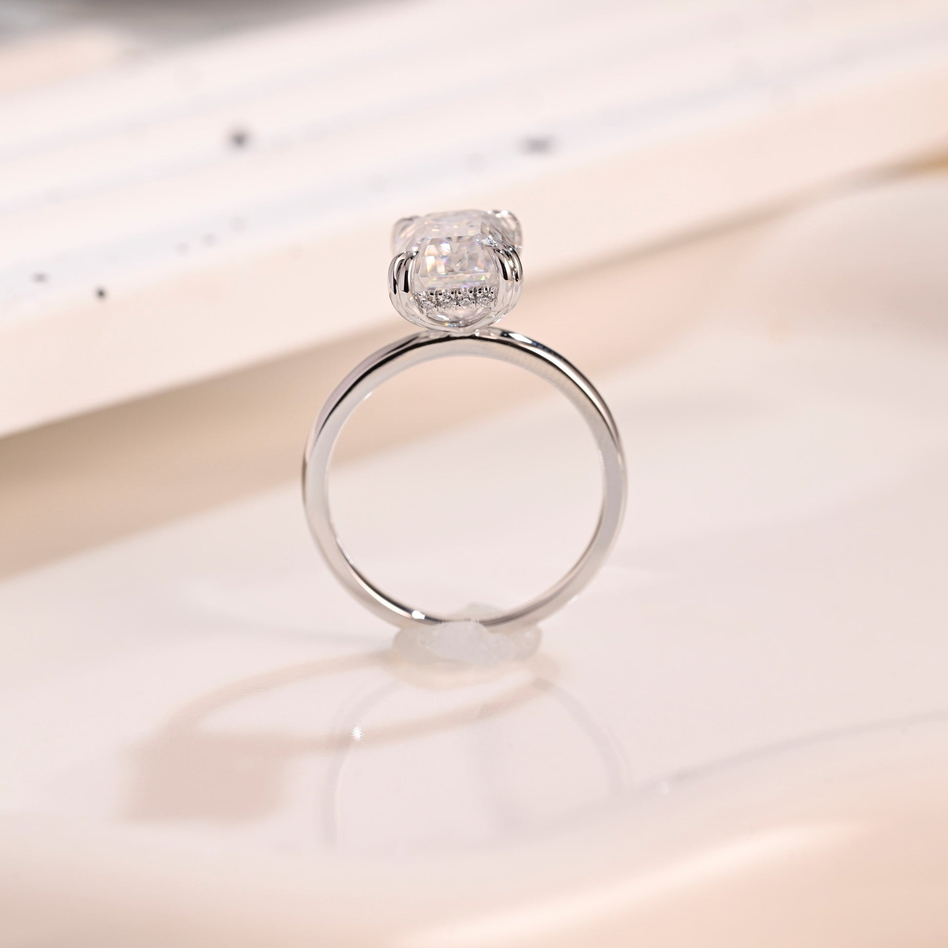 Solid Gold Hidden Halo Emerald Cut Moissanite Engagement Ring