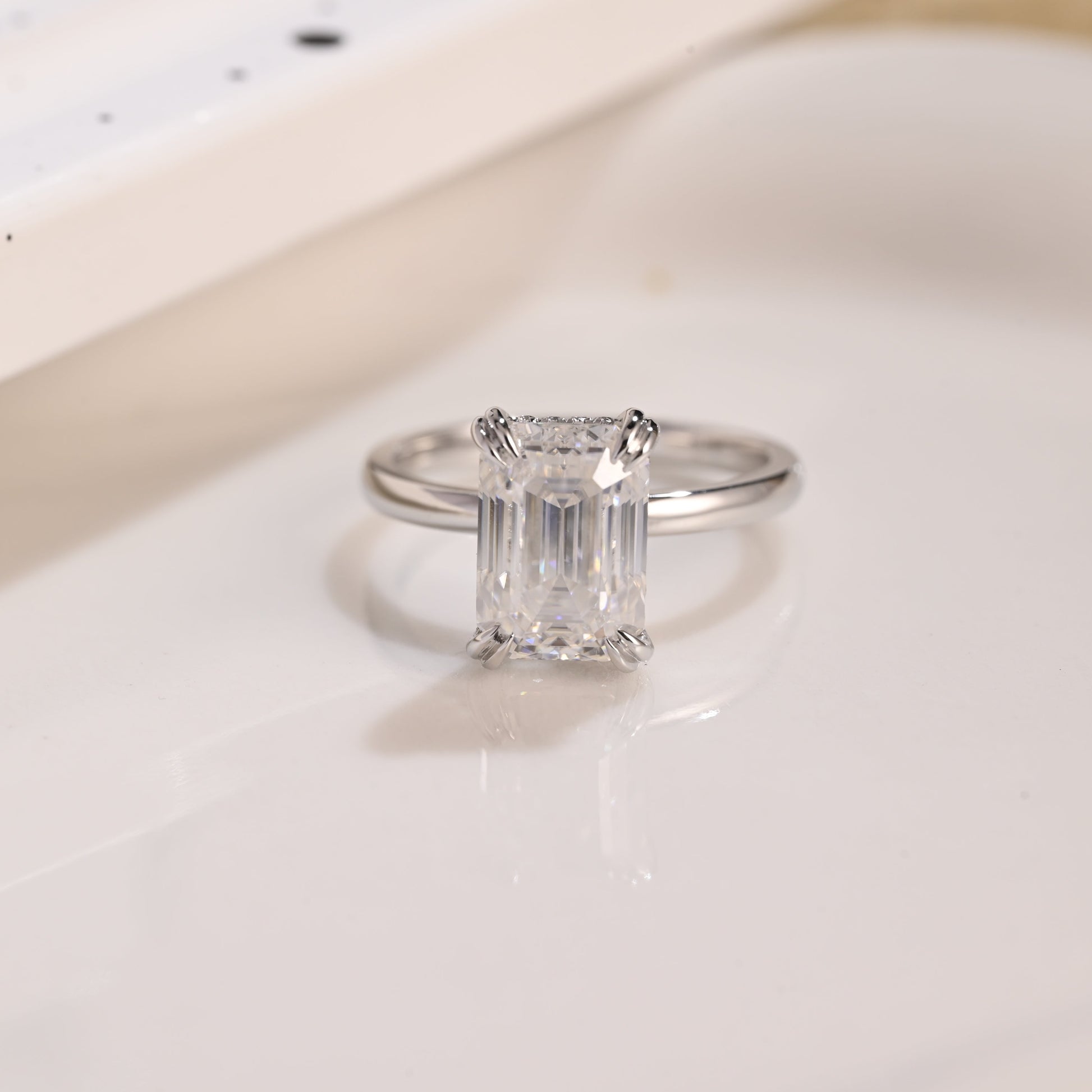 Solid Gold Hidden Halo Emerald Cut Moissanite Engagement Ring