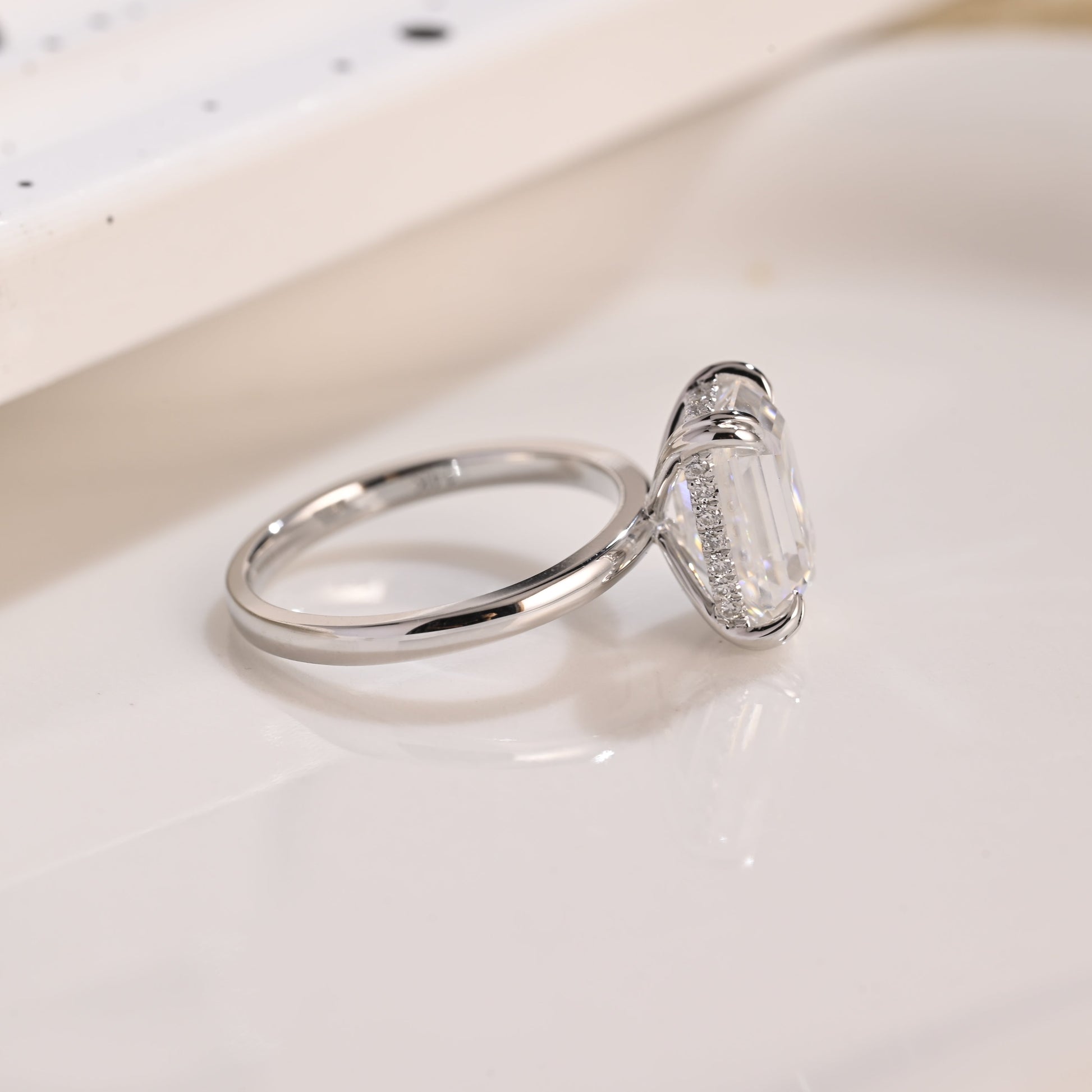 Solid Gold Hidden Halo Emerald Cut Moissanite Engagement Ring