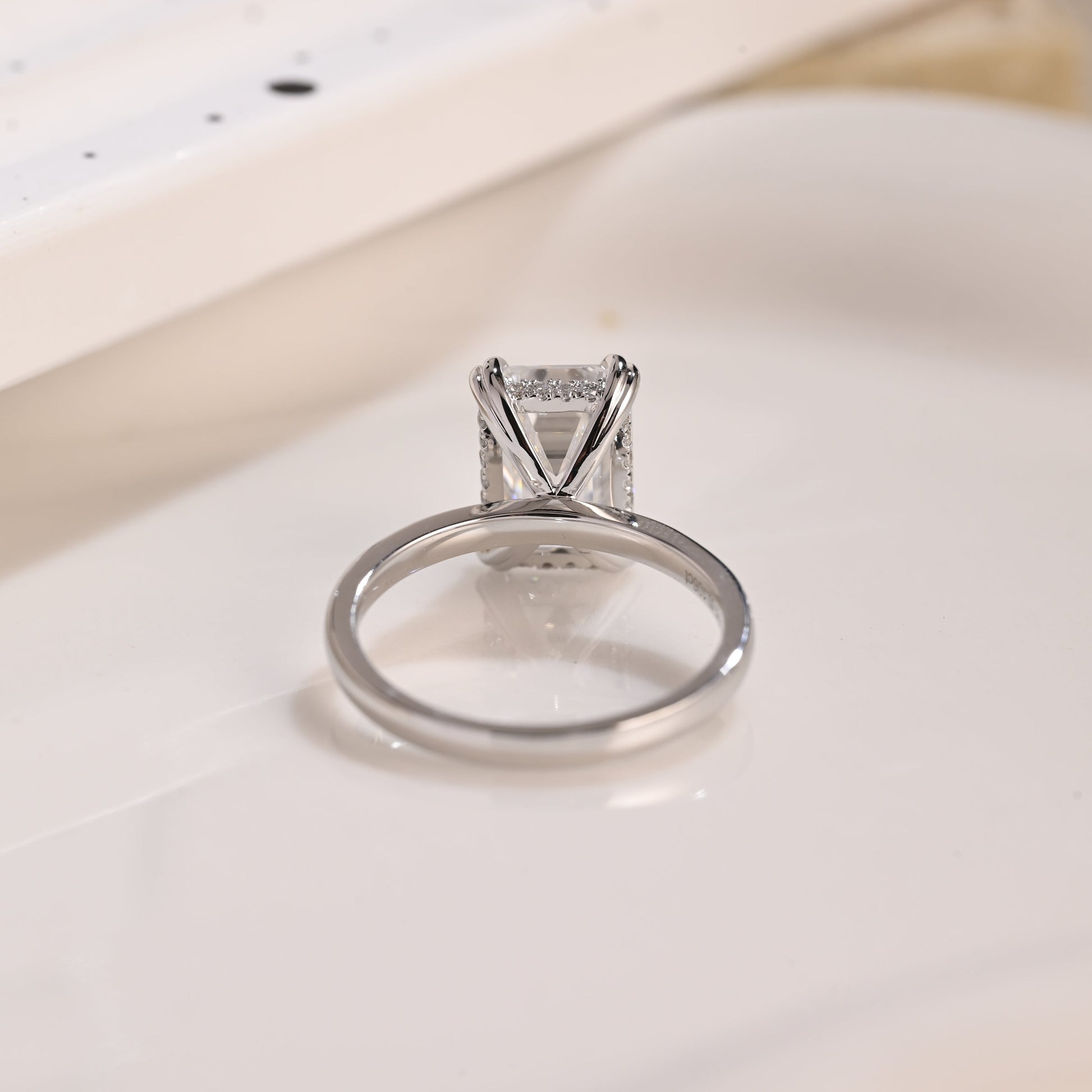 Solid Gold Hidden Halo Emerald Cut Moissanite Engagement Ring