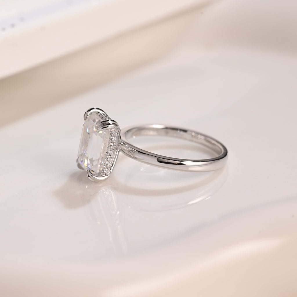 Solid Gold Hidden Halo Emerald Cut Moissanite Engagement Ring