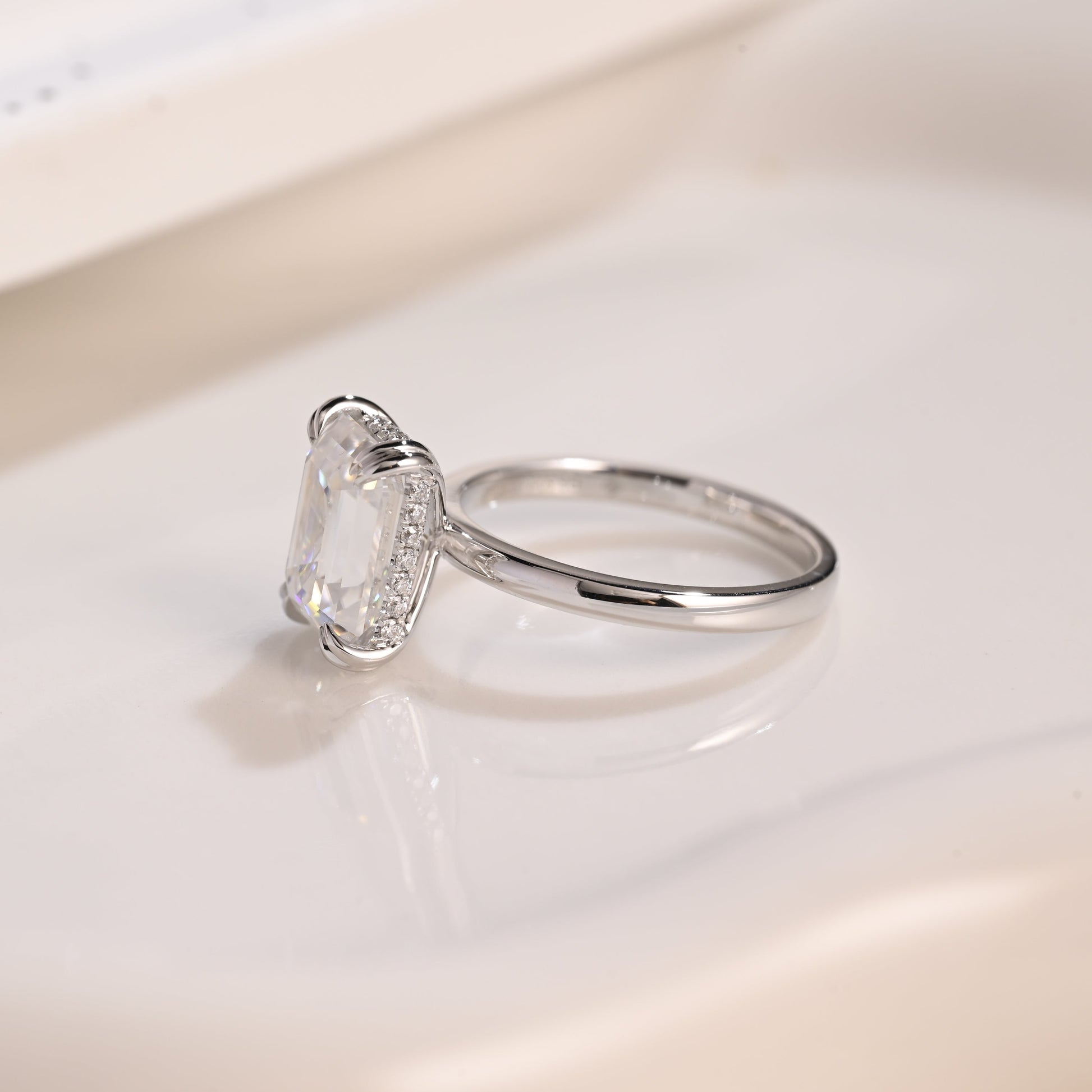 Solid Gold Hidden Halo Emerald Cut Moissanite Engagement Ring