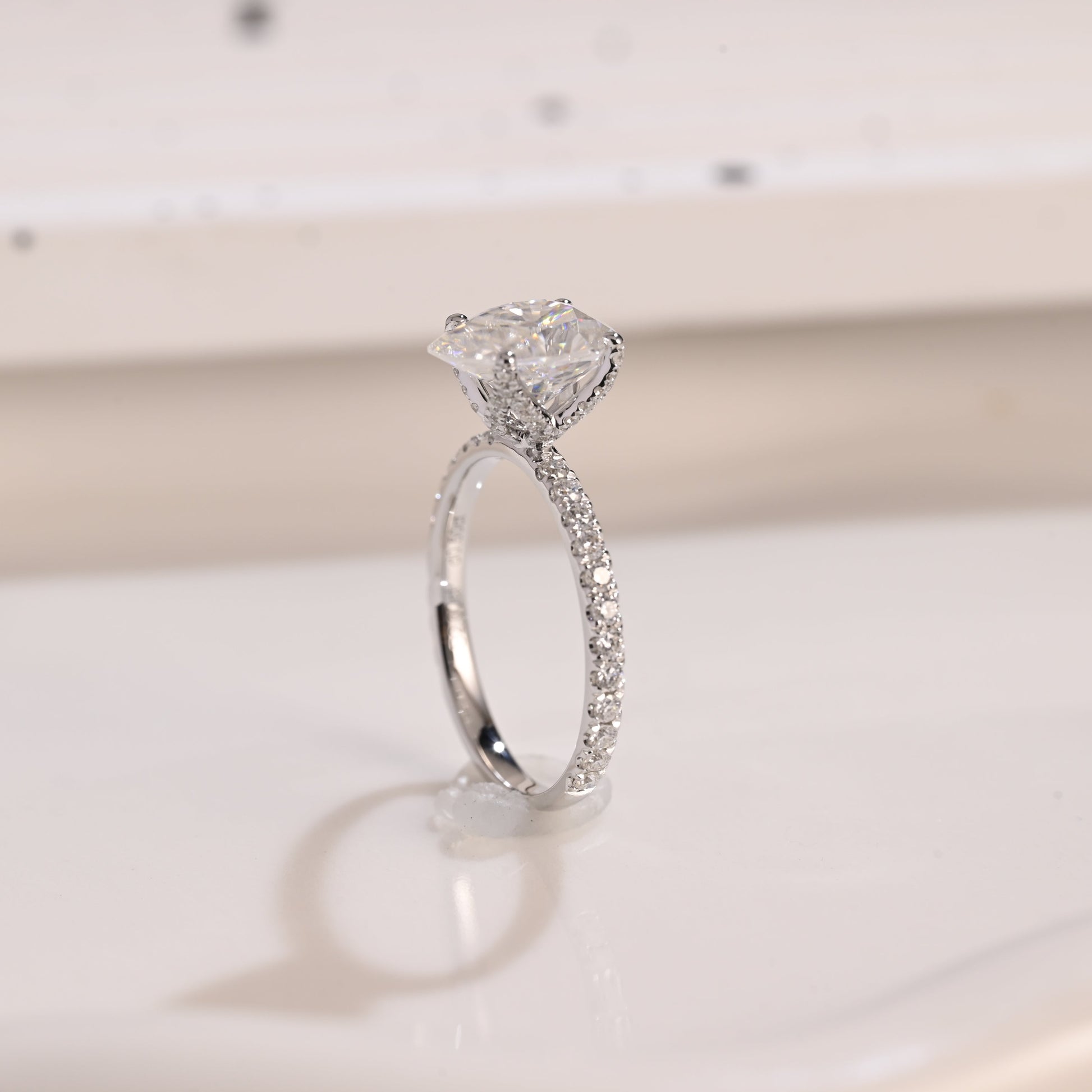 Solid Gold Hidden Halo Pear Cut Moissanite Engagement Ring