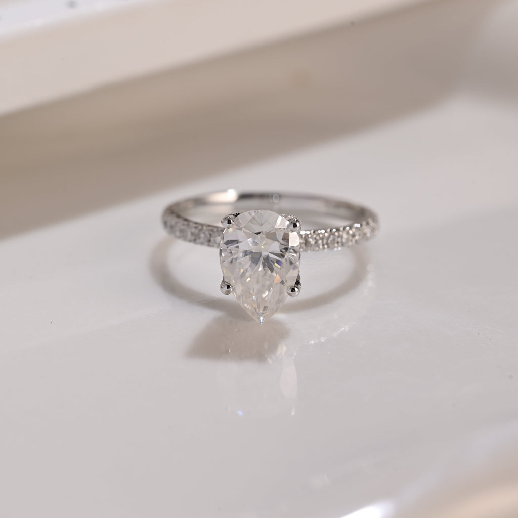 Solid Gold Hidden Halo Pear Cut Moissanite Engagement Ring
