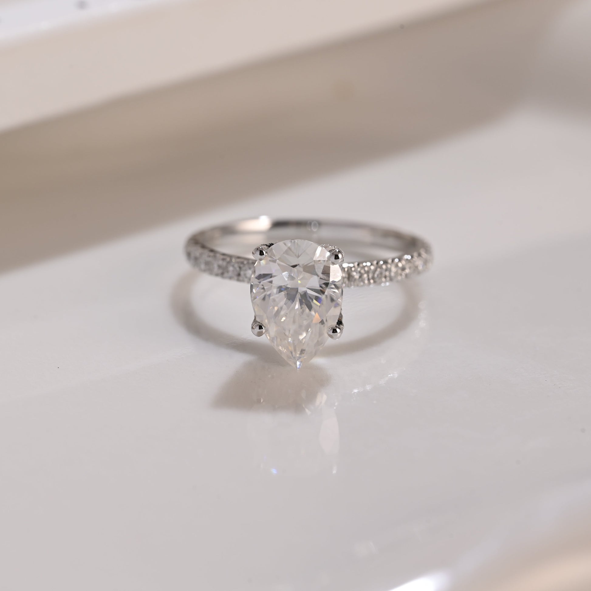 Solid Gold Hidden Halo Pear Cut Moissanite Engagement Ring