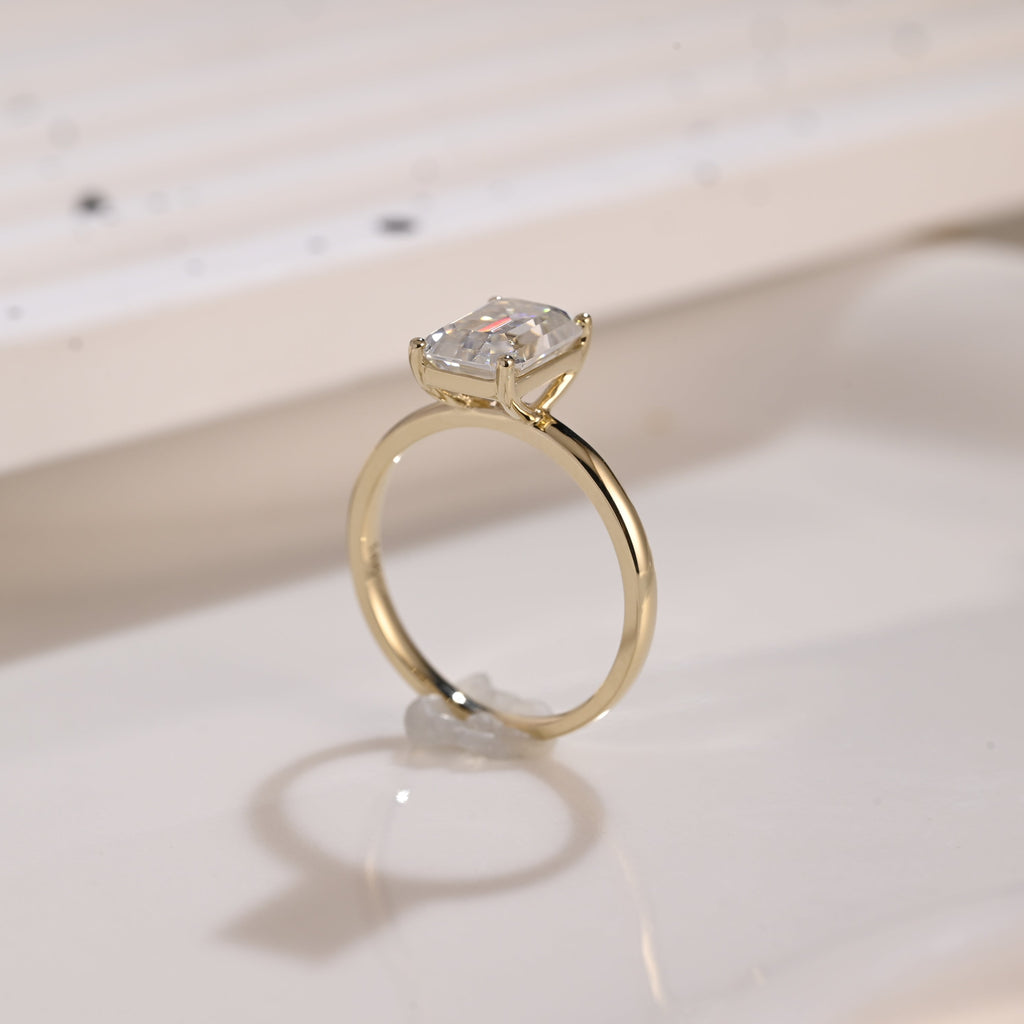 Solid Gold Solitaire Emerald Cut Moissanite Engagement Ring
