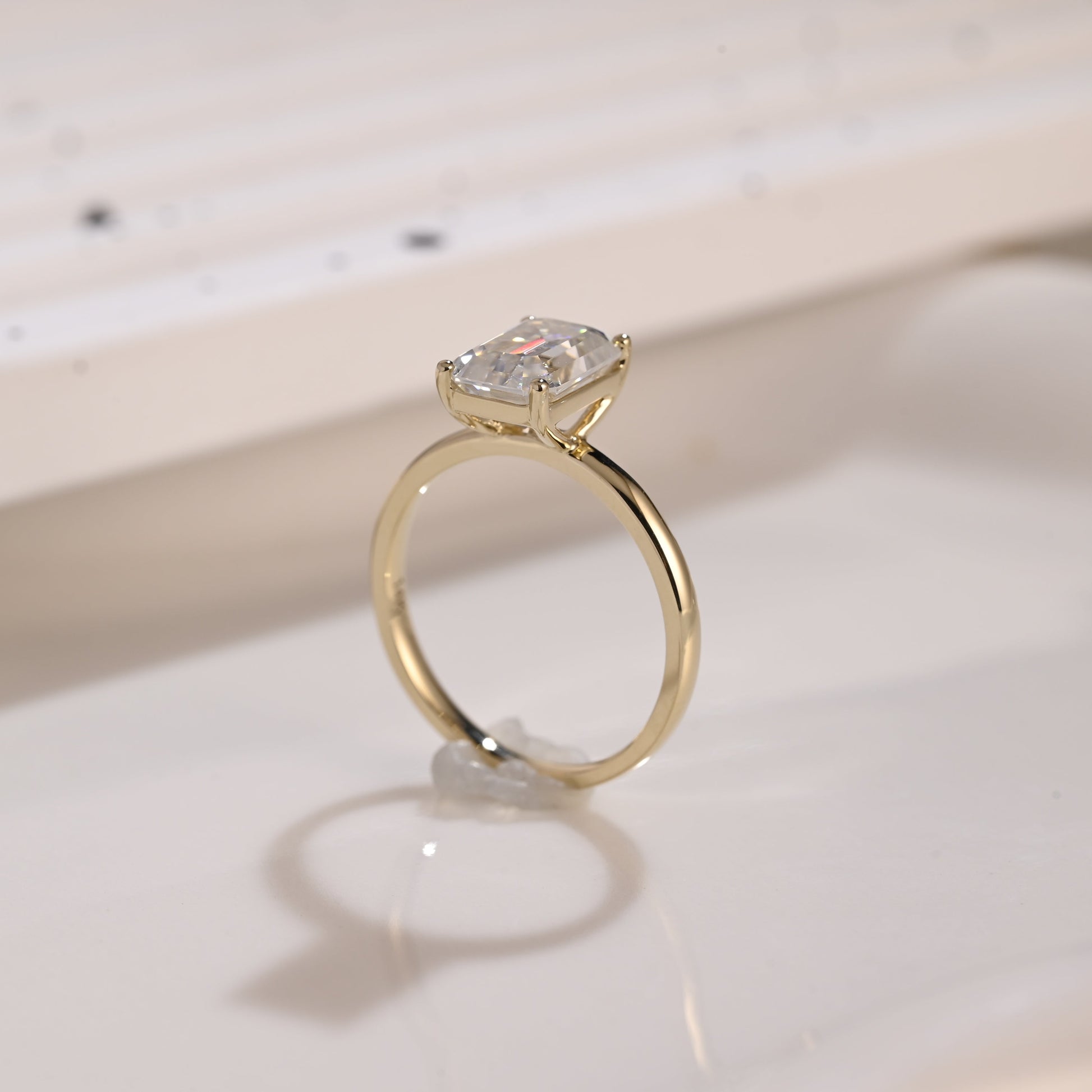 Solid Gold Solitaire Emerald Cut Moissanite Engagement Ring