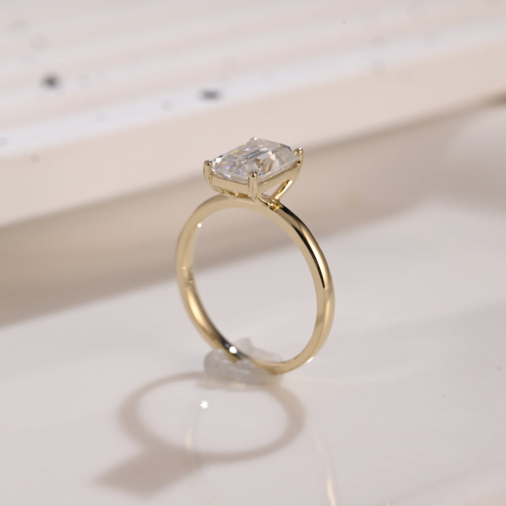 Solid Gold Solitaire Emerald Cut Moissanite Engagement Ring