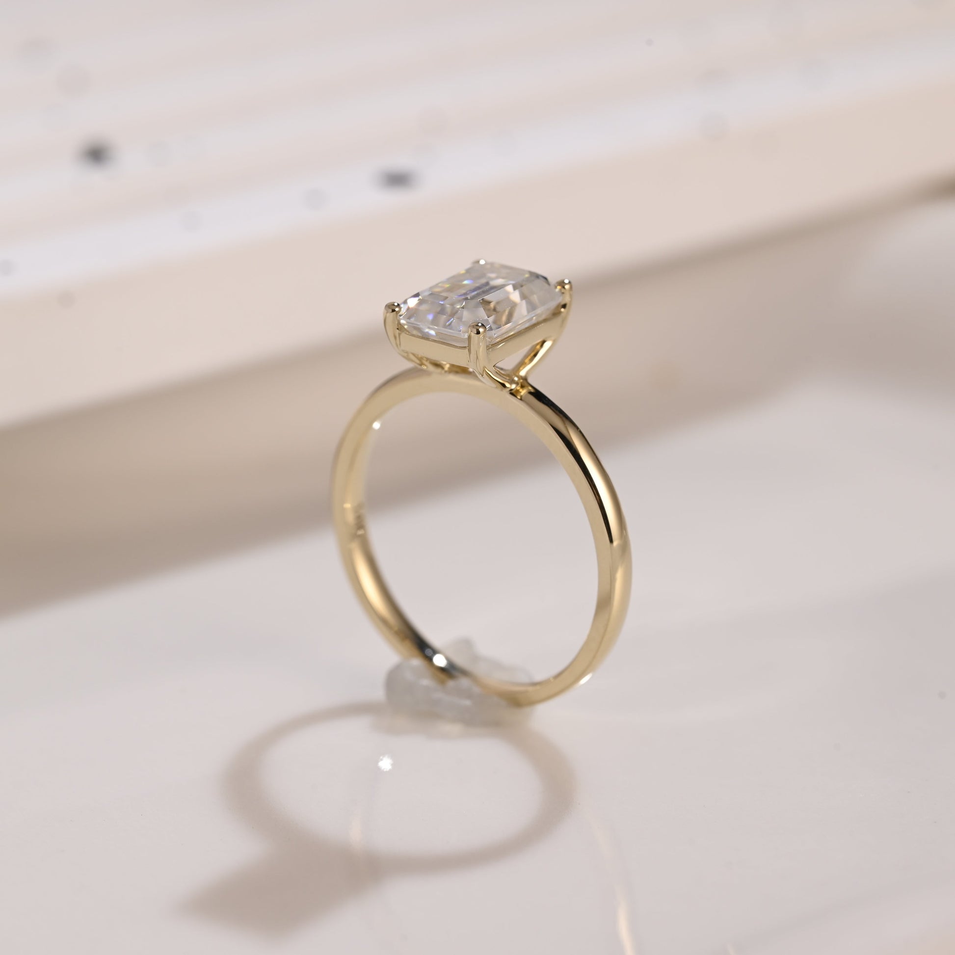 Solid Gold Solitaire Emerald Cut Moissanite Engagement Ring