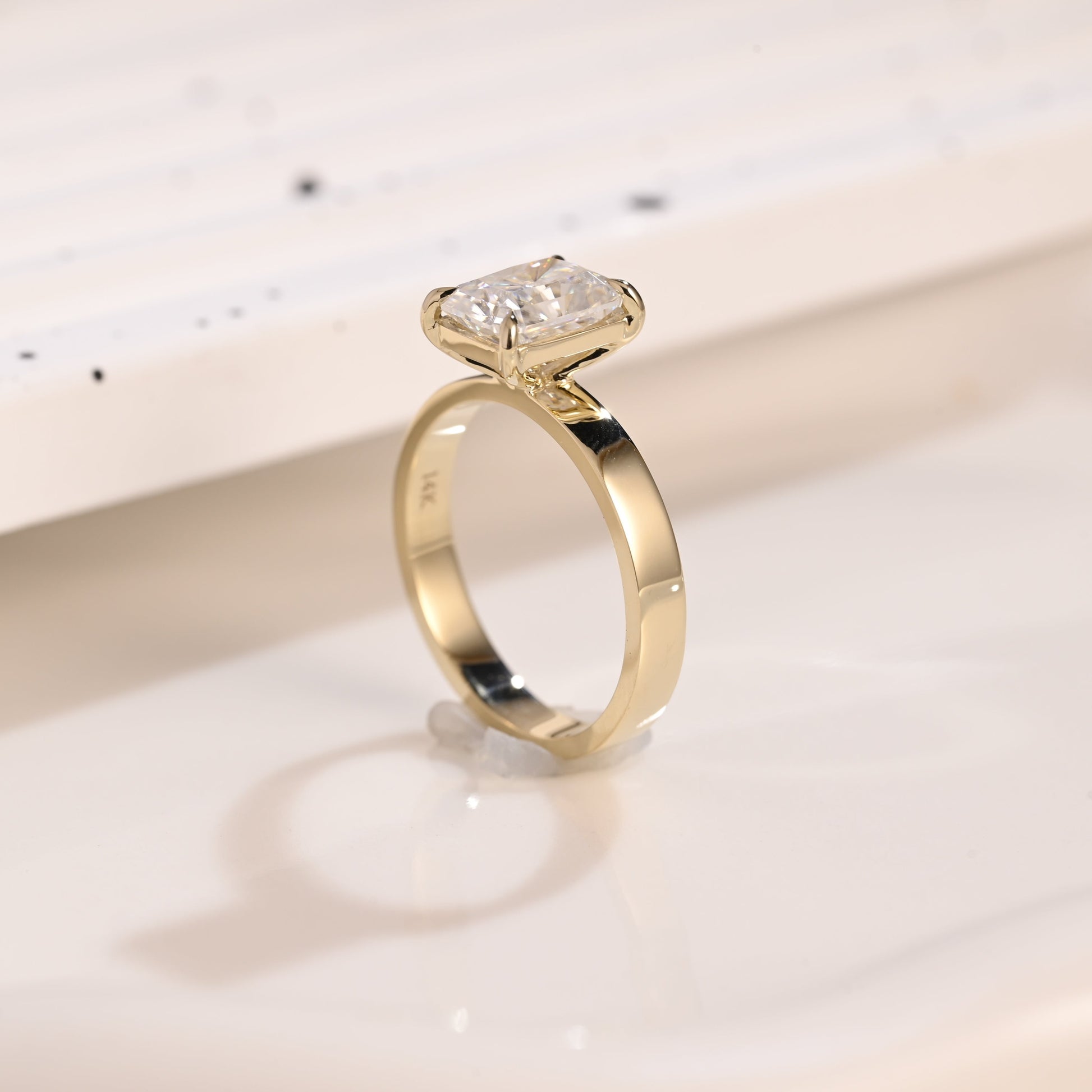 Solid Gold 3mm Width Solitaire Radiant Cut Moissanite Engagement Ring