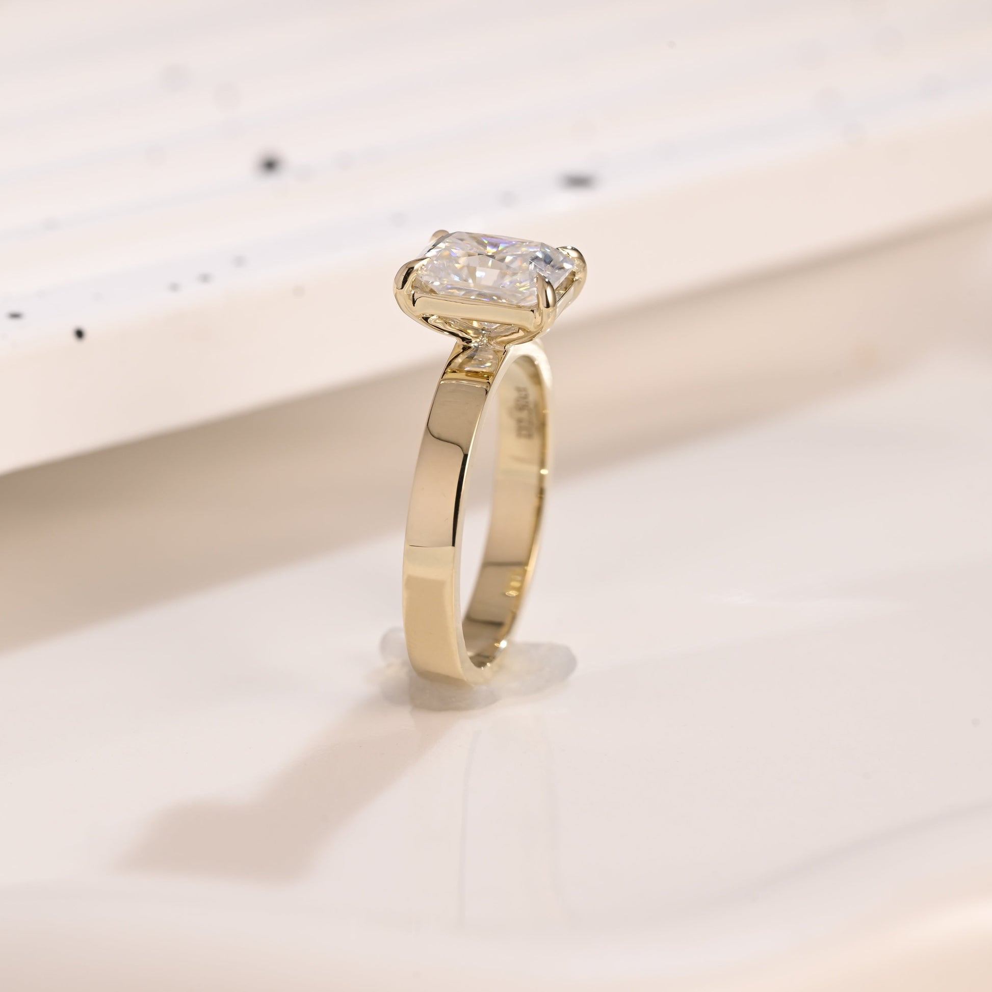 Solid Gold 3mm Width Solitaire Radiant Cut Moissanite Engagement Ring