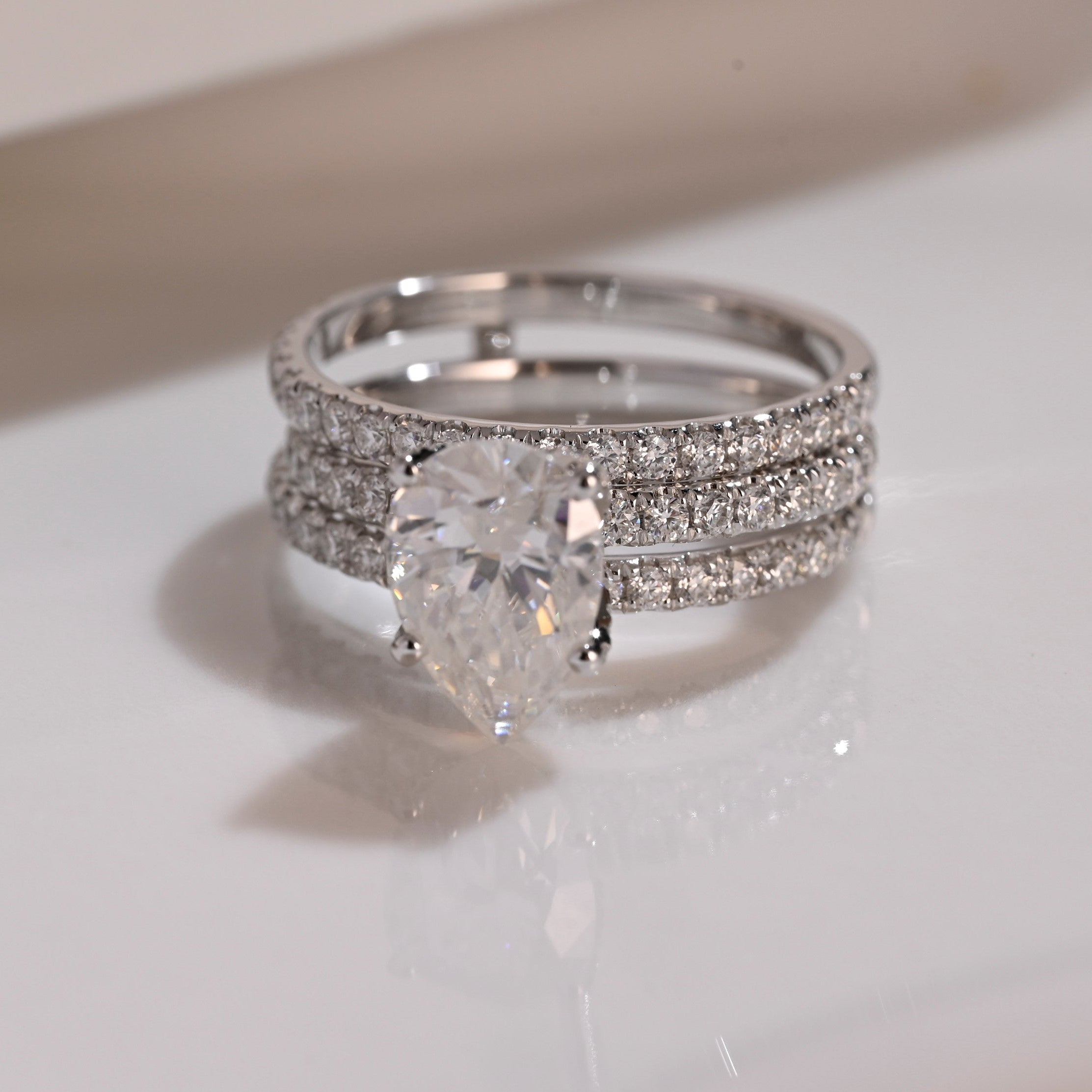 Solid Gold Hidden Halo Pear Cut Moissanite Wedding Ring Set