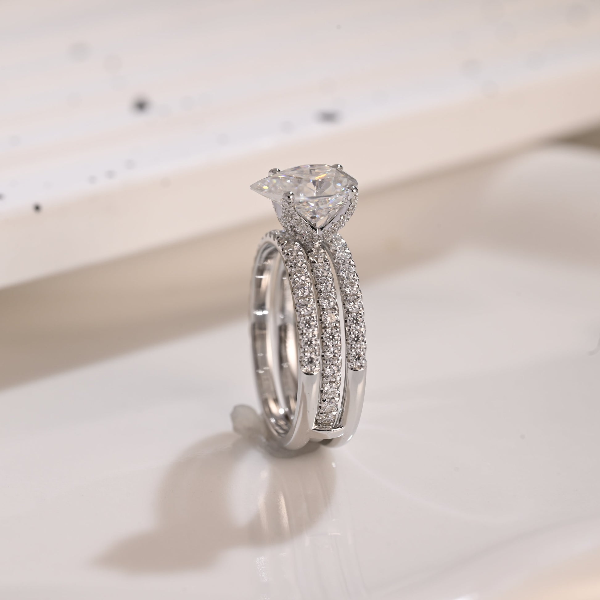 Solid Gold Hidden Halo Pear Cut Moissanite Wedding Ring Set