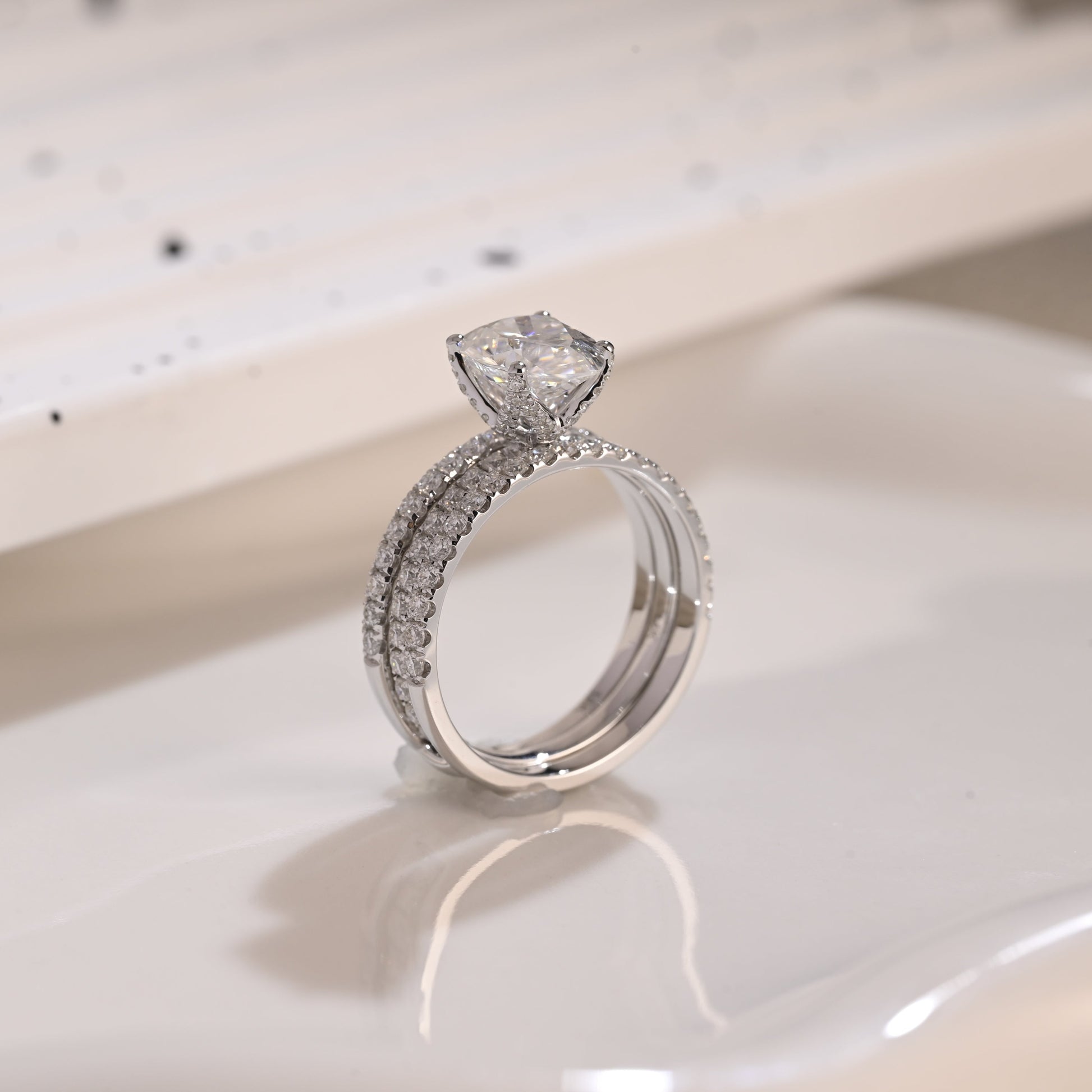 Solid Gold Hidden Halo Pear Cut Moissanite Wedding Ring Set