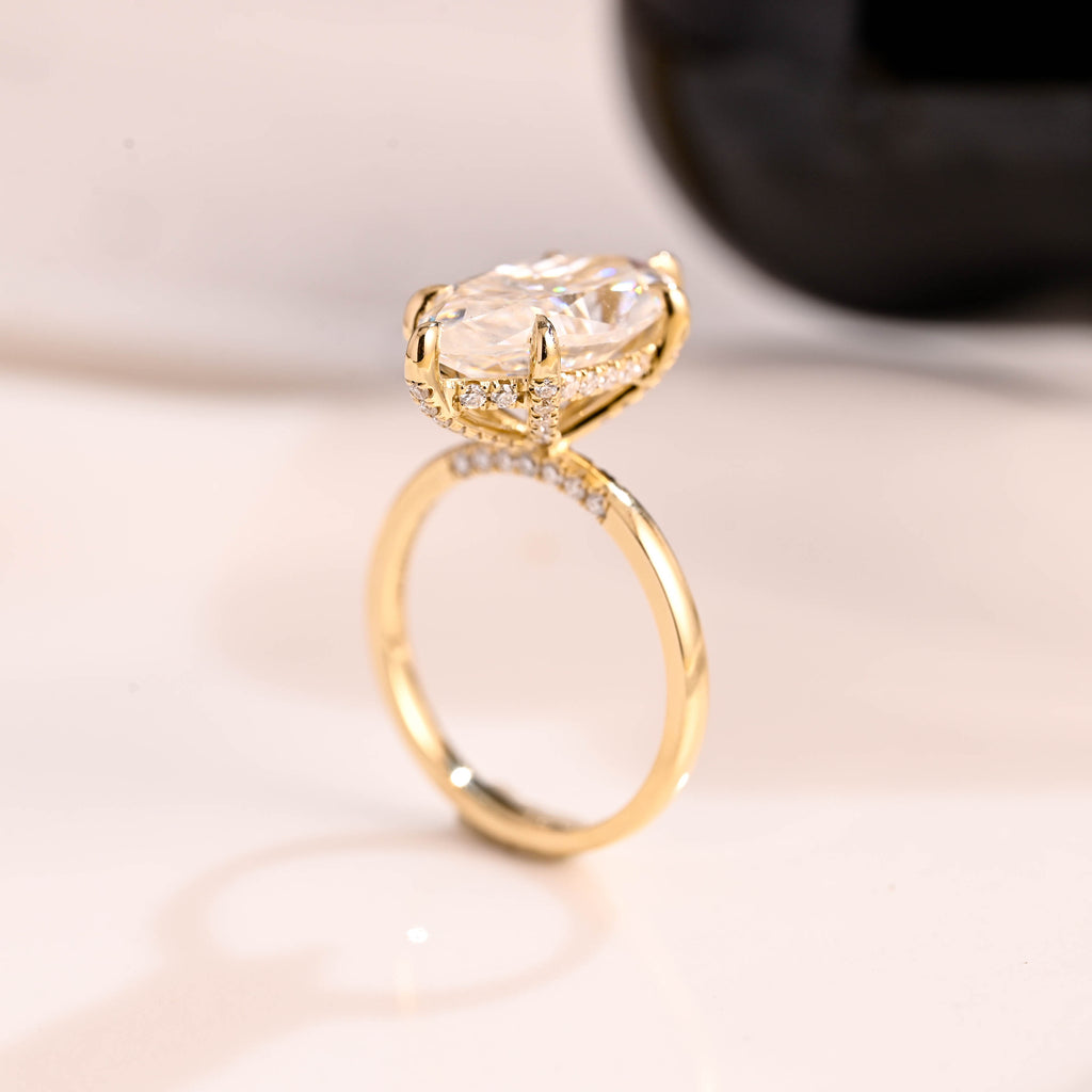 Solid Gold Hidden Halo Marquise Cut Moissanite Engagement Ring