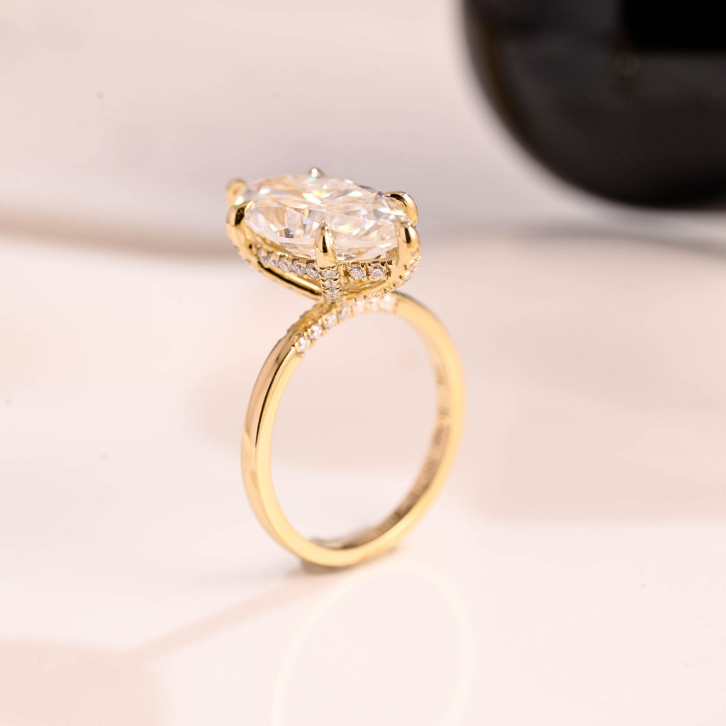 Solid Gold Hidden Halo Marquise Cut Moissanite Engagement Ring