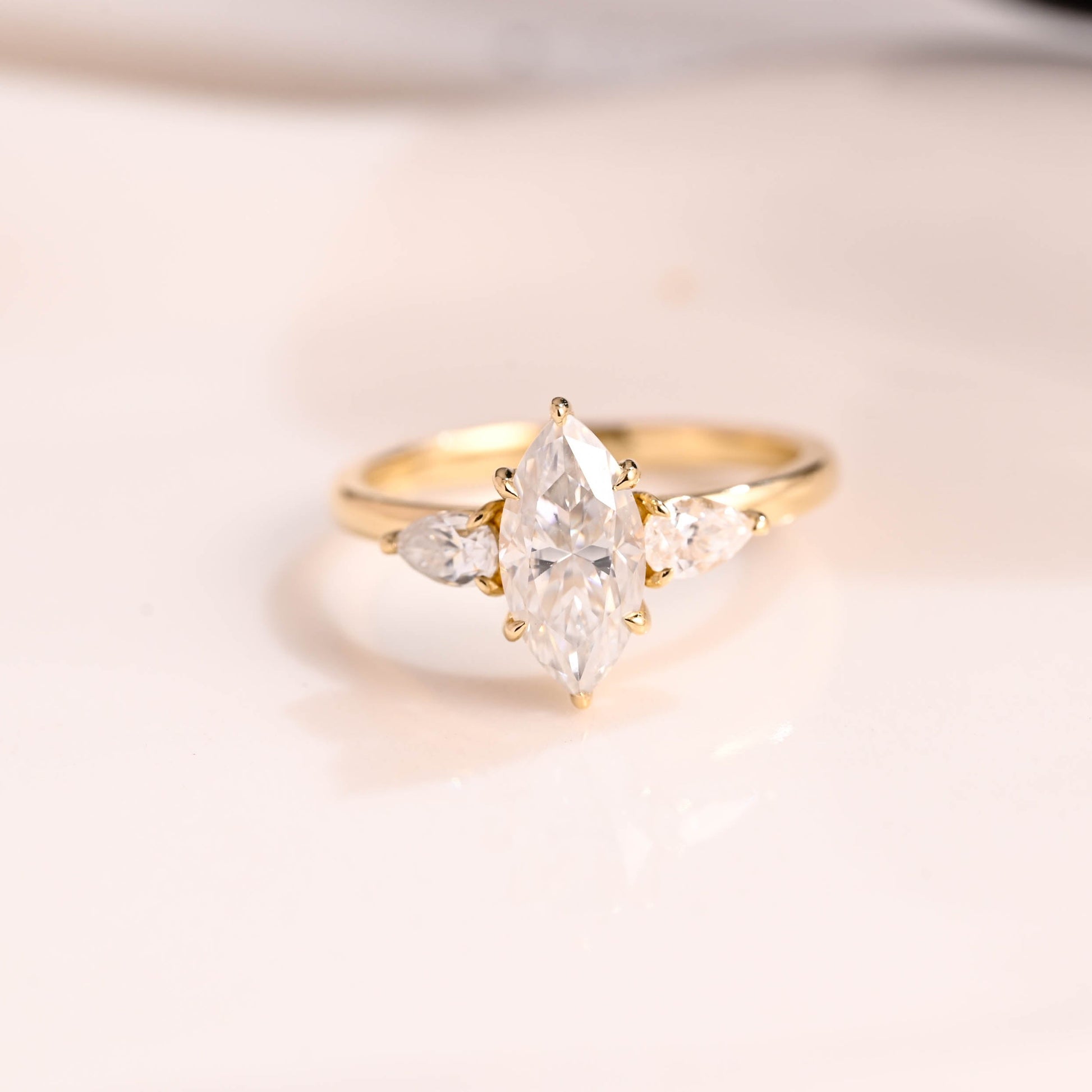 Solid Gold Three Stone Marquise Cut Moissanite Engagement Ring