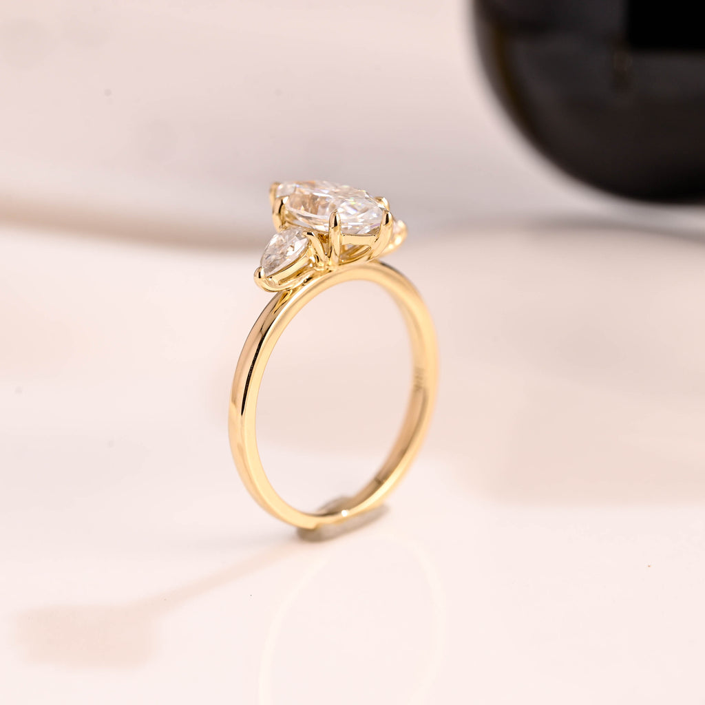 Solid Gold Three Stone Marquise Cut Moissanite Engagement Ring
