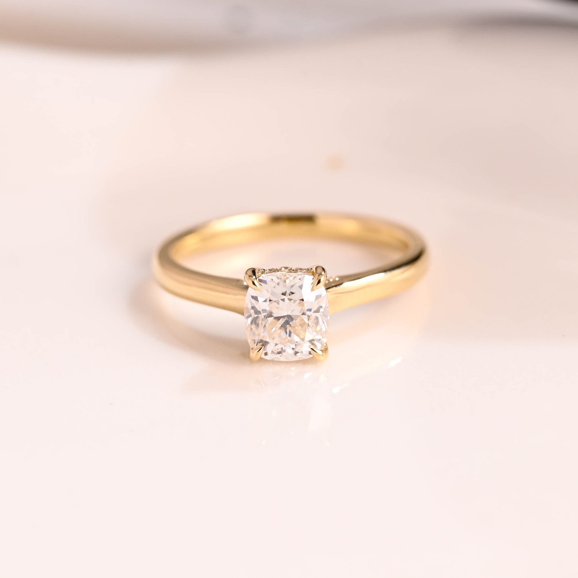 Solid Gold Hidden Halo Elongated Cushion Cut Moissanite Engagement Ring