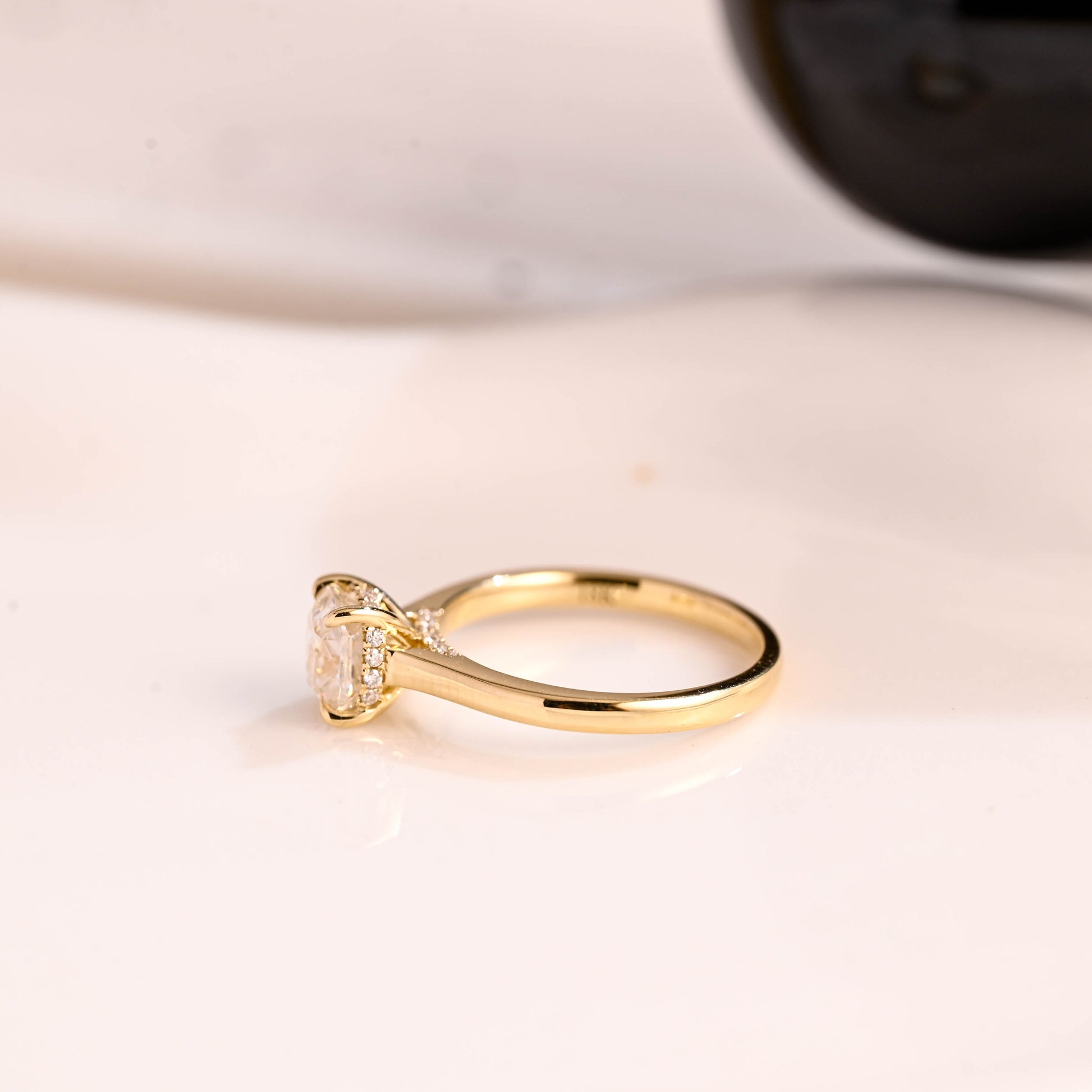 Solid Gold Hidden Halo Elongated Cushion Cut Moissanite Engagement Ring