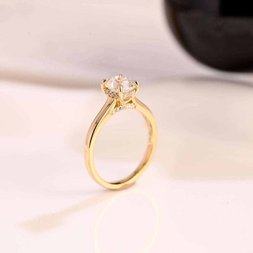 Solid Gold Hidden Halo Elongated Cushion Cut Moissanite Engagement Ring