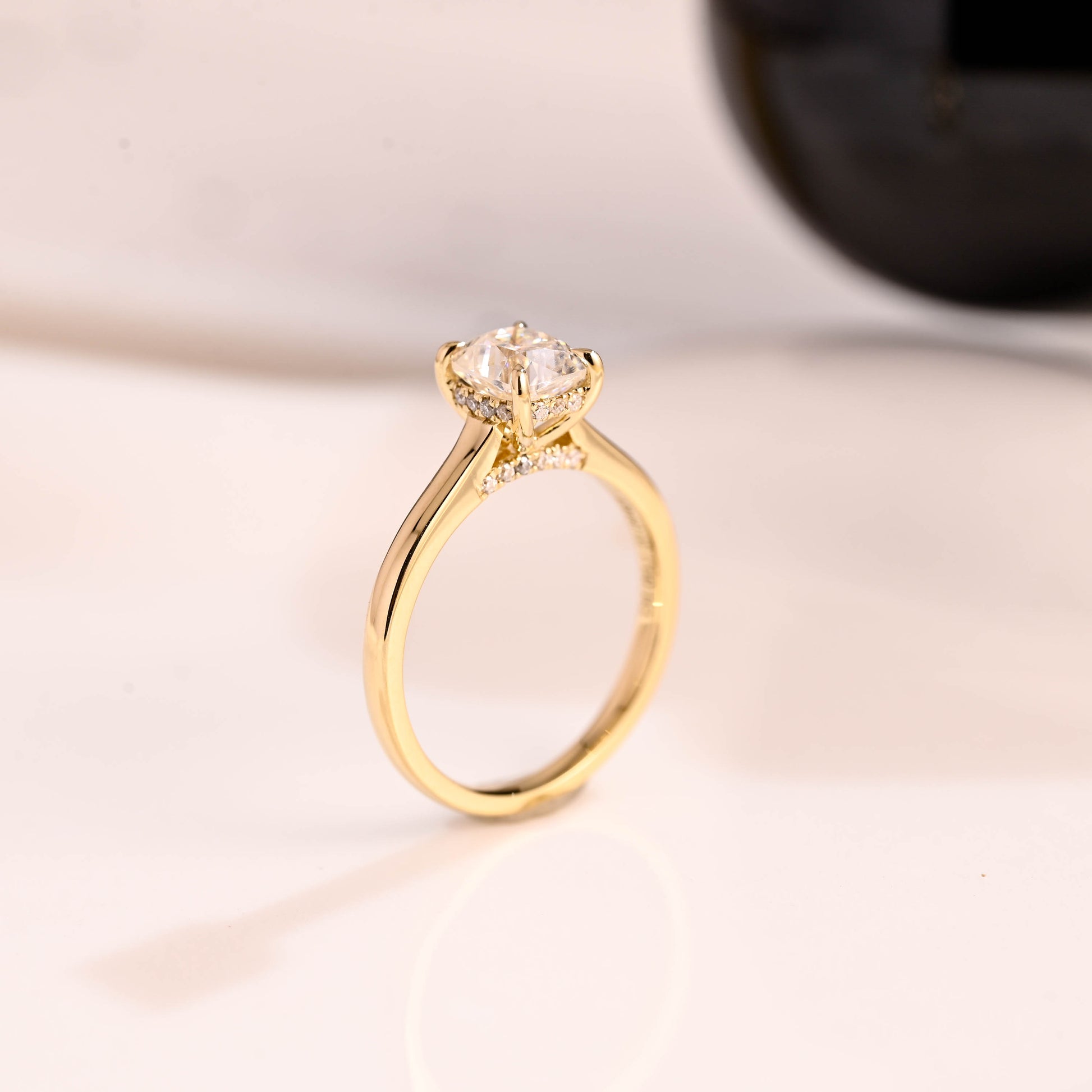 Solid Gold Hidden Halo Elongated Cushion Cut Moissanite Engagement Ring