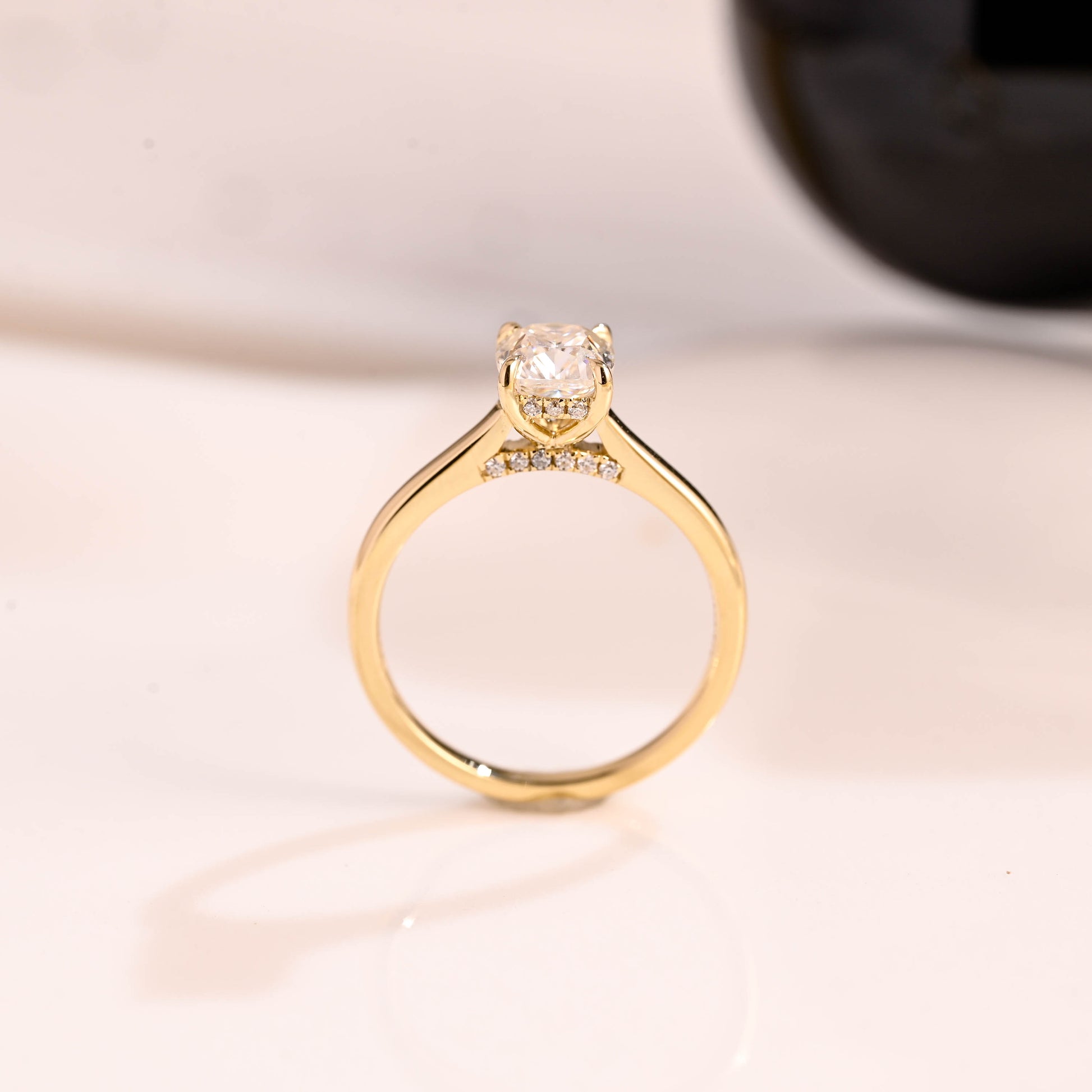 Solid Gold Hidden Halo Elongated Cushion Cut Moissanite Engagement Ring