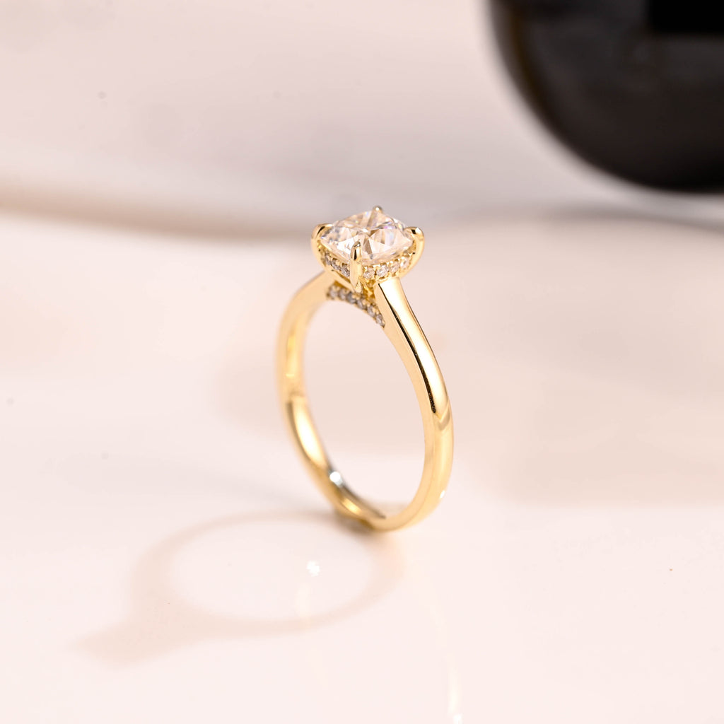 Solid Gold Hidden Halo Elongated Cushion Cut Moissanite Engagement Ring