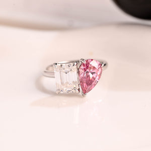 Solid Gold Toi et Moi Emerald Cut Moissanite & Pear Cut Pink Moissanite Engagement Ring