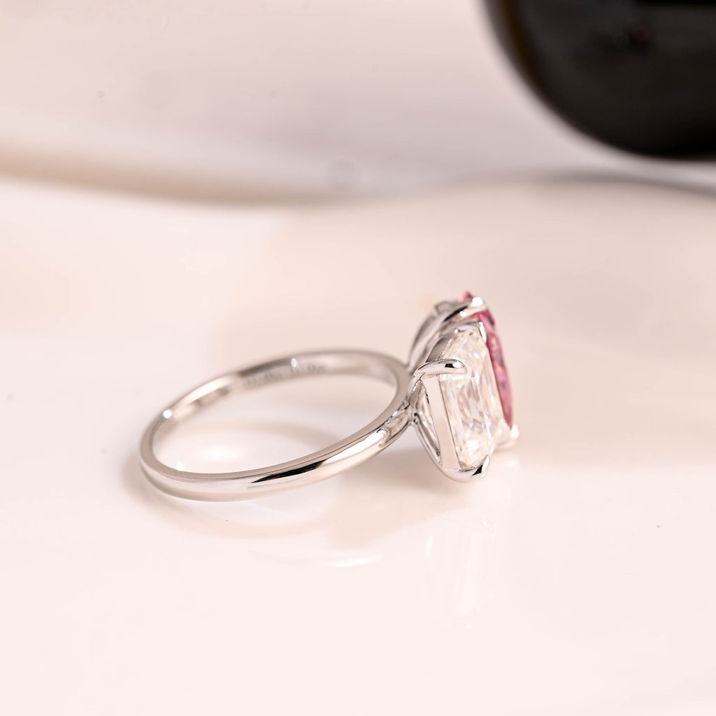 Solid Gold Toi et Moi Emerald Cut Moissanite & Pear Cut Pink Moissanite Engagement Ring