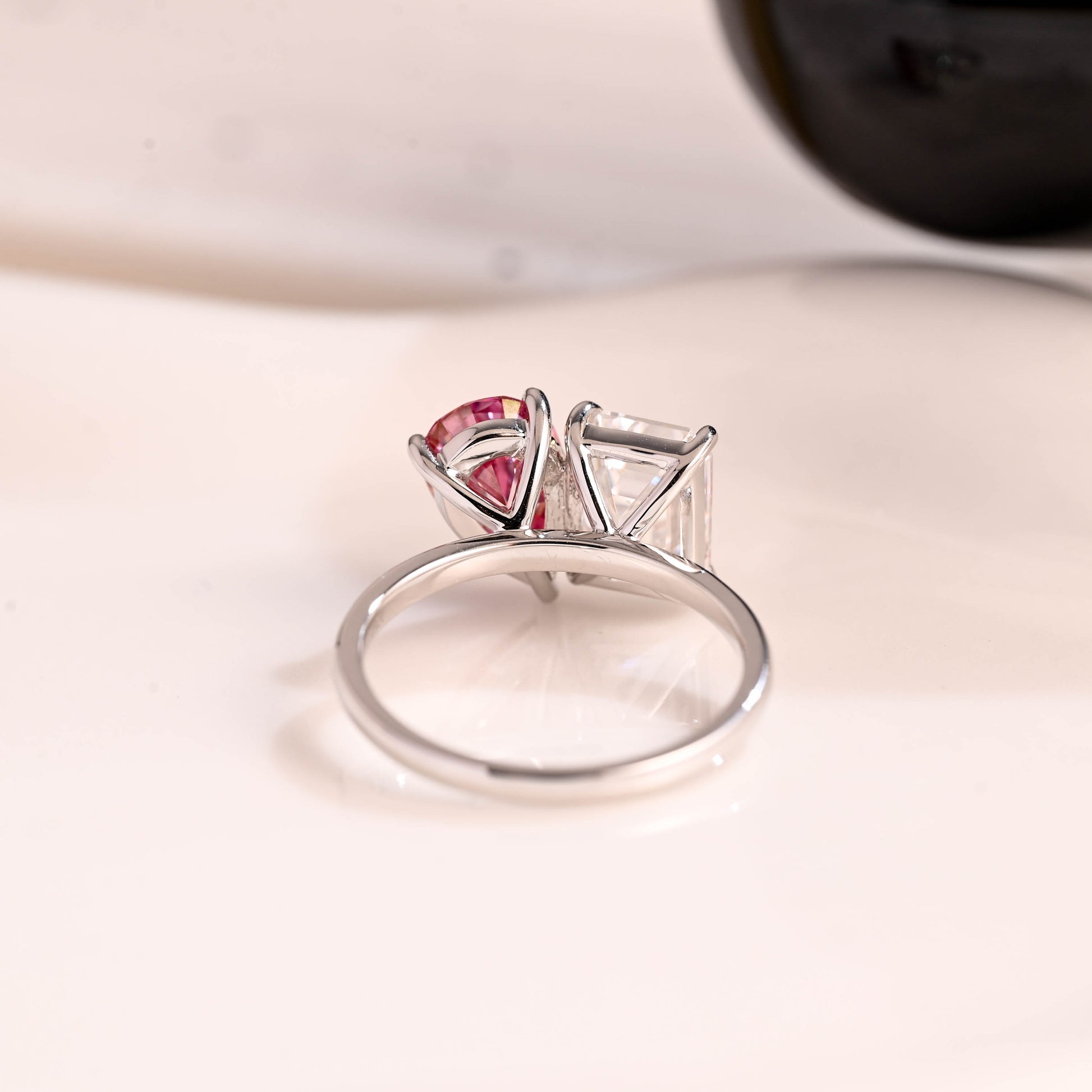 Solid Gold Toi et Moi Emerald Cut Moissanite & Pear Cut Pink Moissanite Engagement Ring