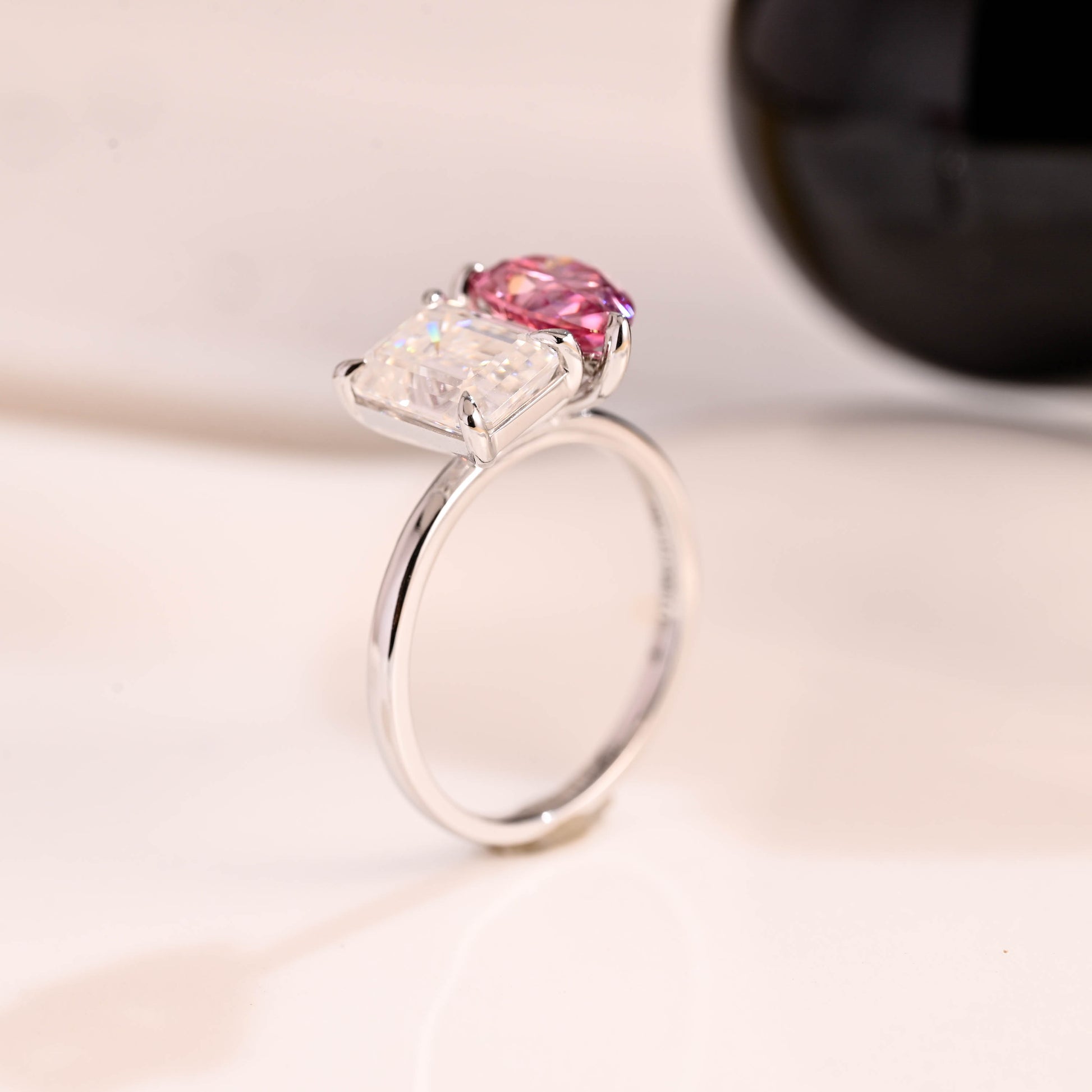Solid Gold Toi et Moi Emerald Cut Moissanite & Pear Cut Pink Moissanite Engagement Ring