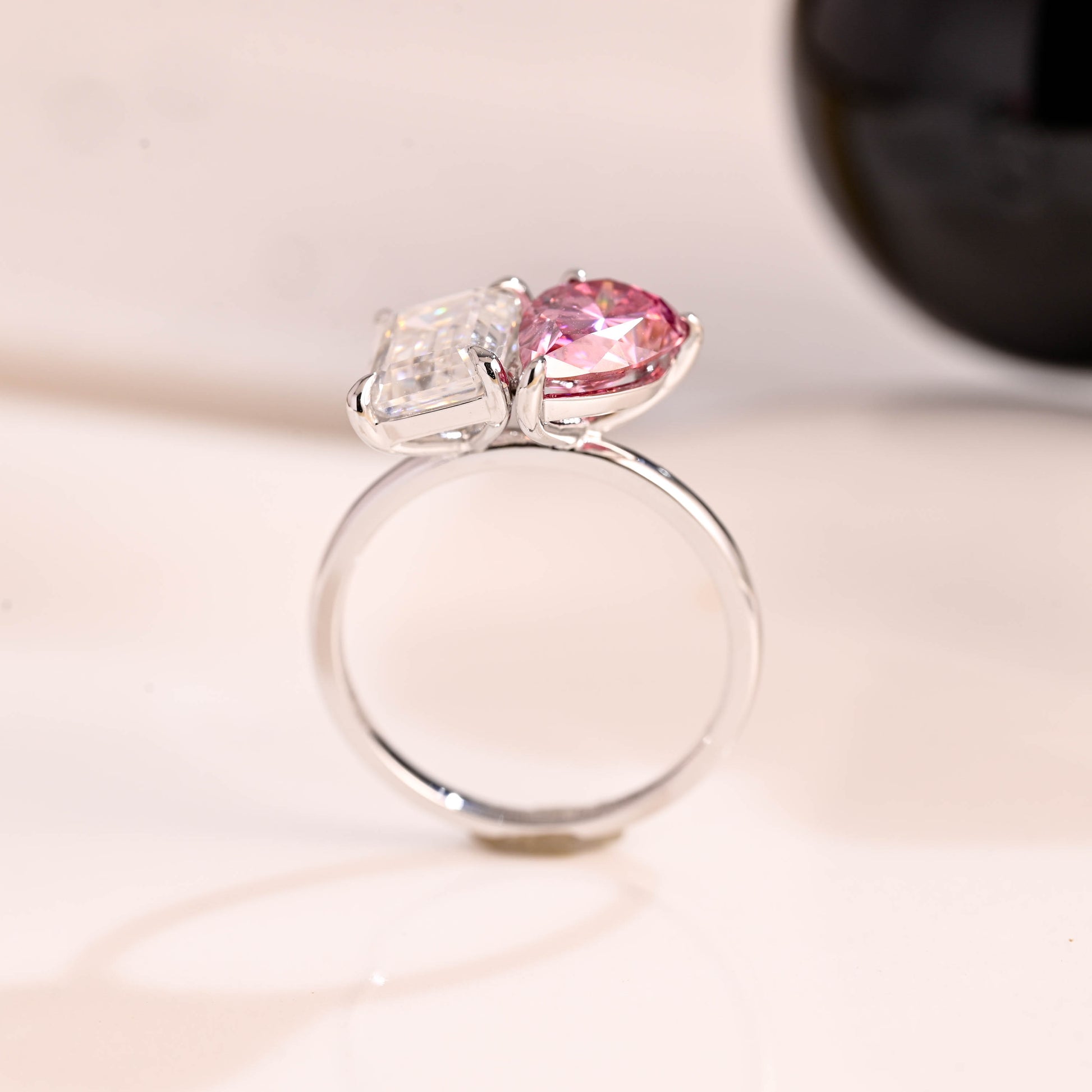Solid Gold Toi et Moi Emerald Cut Moissanite & Pear Cut Pink Moissanite Engagement Ring