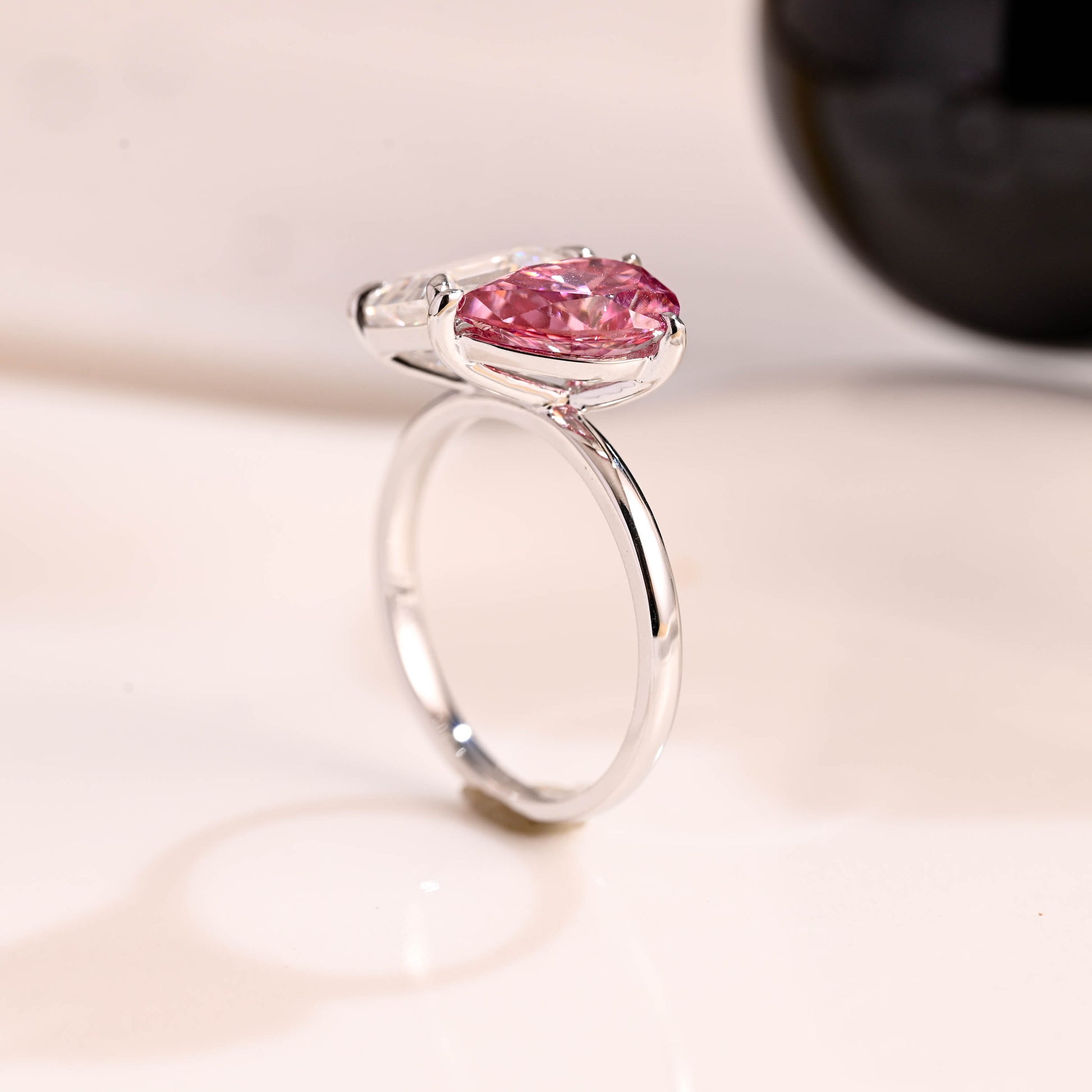 Solid Gold Toi et Moi Emerald Cut Moissanite & Pear Cut Pink Moissanite Engagement Ring